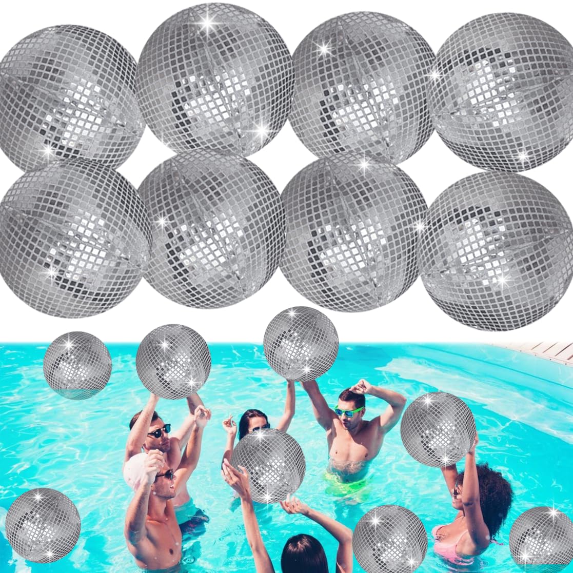 8 Pieces 11 Inch Inflatable Disco Ball ，Inflatable Ball with Disco Ball Cover Rope，Christmas Hanging Decorated ，Disco Ball Party Decorations, Party Design for Wedding Holiday Outdoor (white-8pcs)