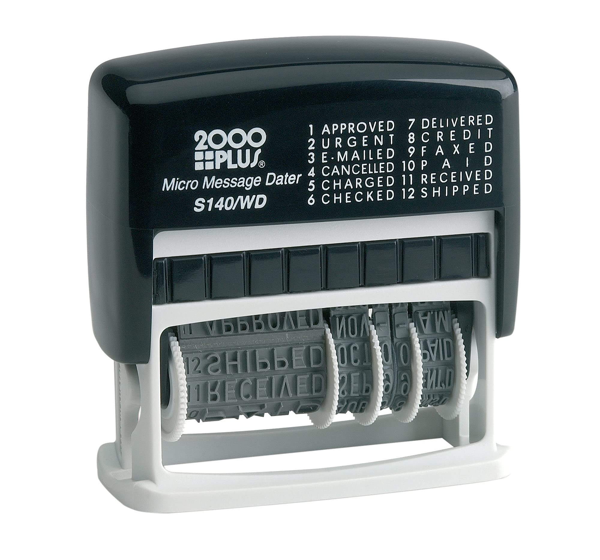 2000 Plus(r) 12-in-1 Micro Date and Message Stamp, 12 Phrases, 1-7/8" x 3/8" Impression Area, Black (010072)
