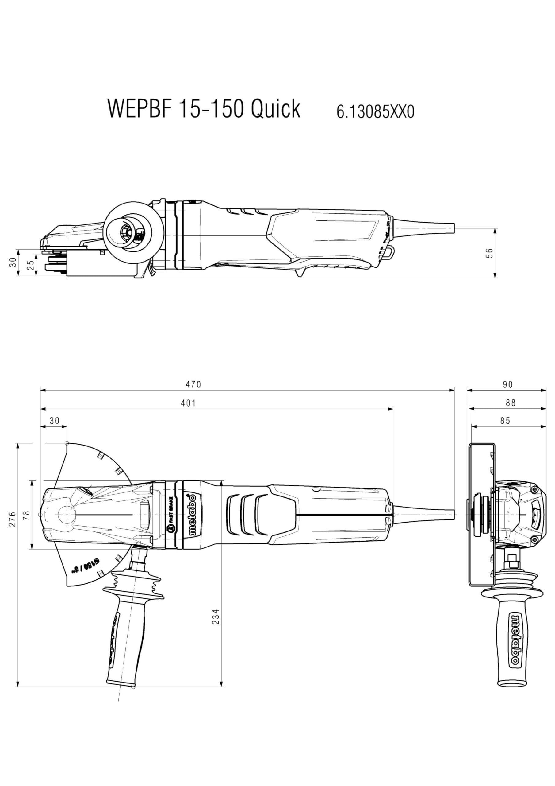 Metabo WEPBF 15-150 Quick - mini amoladora cabeza plana 1500 w disco 150 mm, hombre muerto, freno