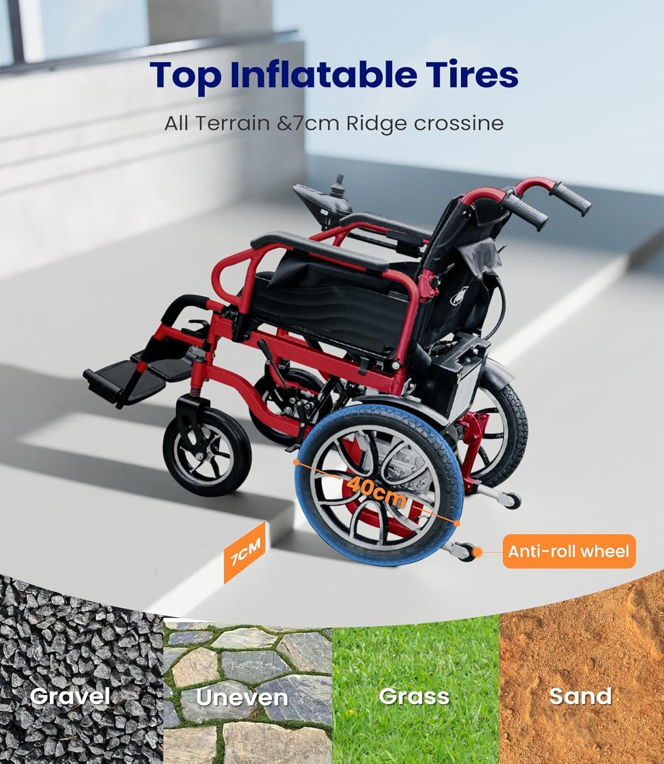 VOCIC V56 Silla de ruedas eléctrica plegable ligera, 30 km, silla de ruedas eléctrica de hasta 150 kg, para exteriores con neumáticos de goma de 40 cm, para todo tipo de terrenos (bermellón)