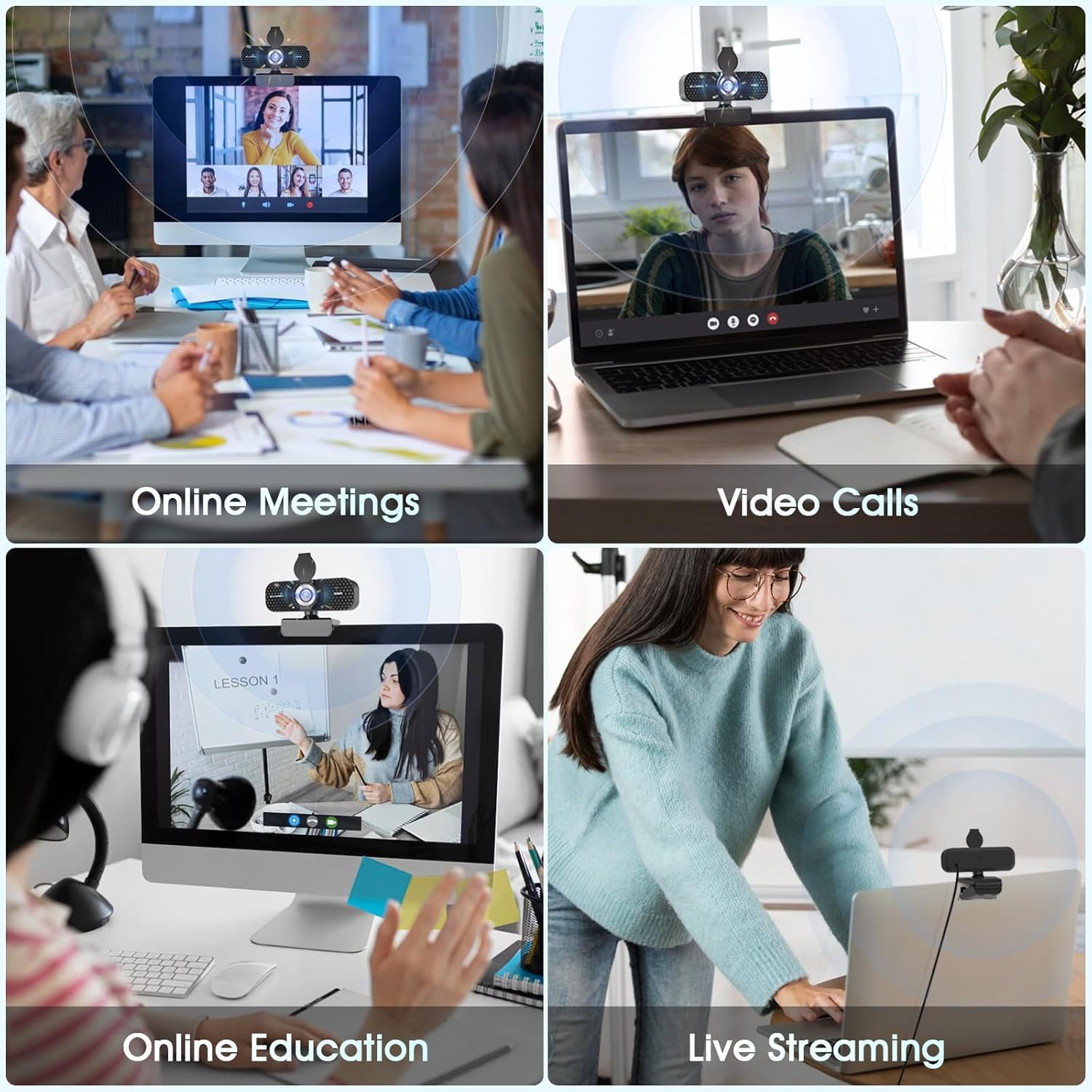 TRAUSI Webcam HD 1080P con microfono, cancellazione del rumore, copertura della privacy, obiettivo grandangolare, correzione automatica della luce, webcam USB Plug & Play per laptop, desktop, PC, Mac