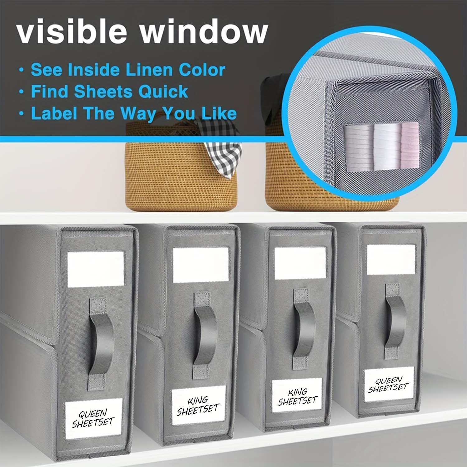 TAHAVICE Set of 4 Bed Sheet Organizers and Storage, Foldable Sheet Organizer for Linen Closet, Sheet Set, Folder Holder with Window (Queen and King Size) Organizing Bedding Container, Grey