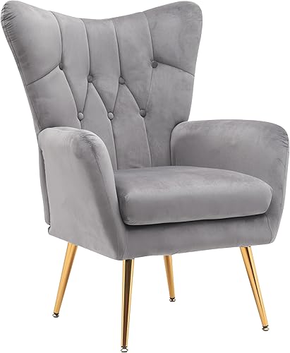 Miniatura 11 de Sillón moderno y elegante de terciopelo de mediados de siglo para sala de estar, dormitorio u oficina en casa, diseño de ala copetuda con botones y