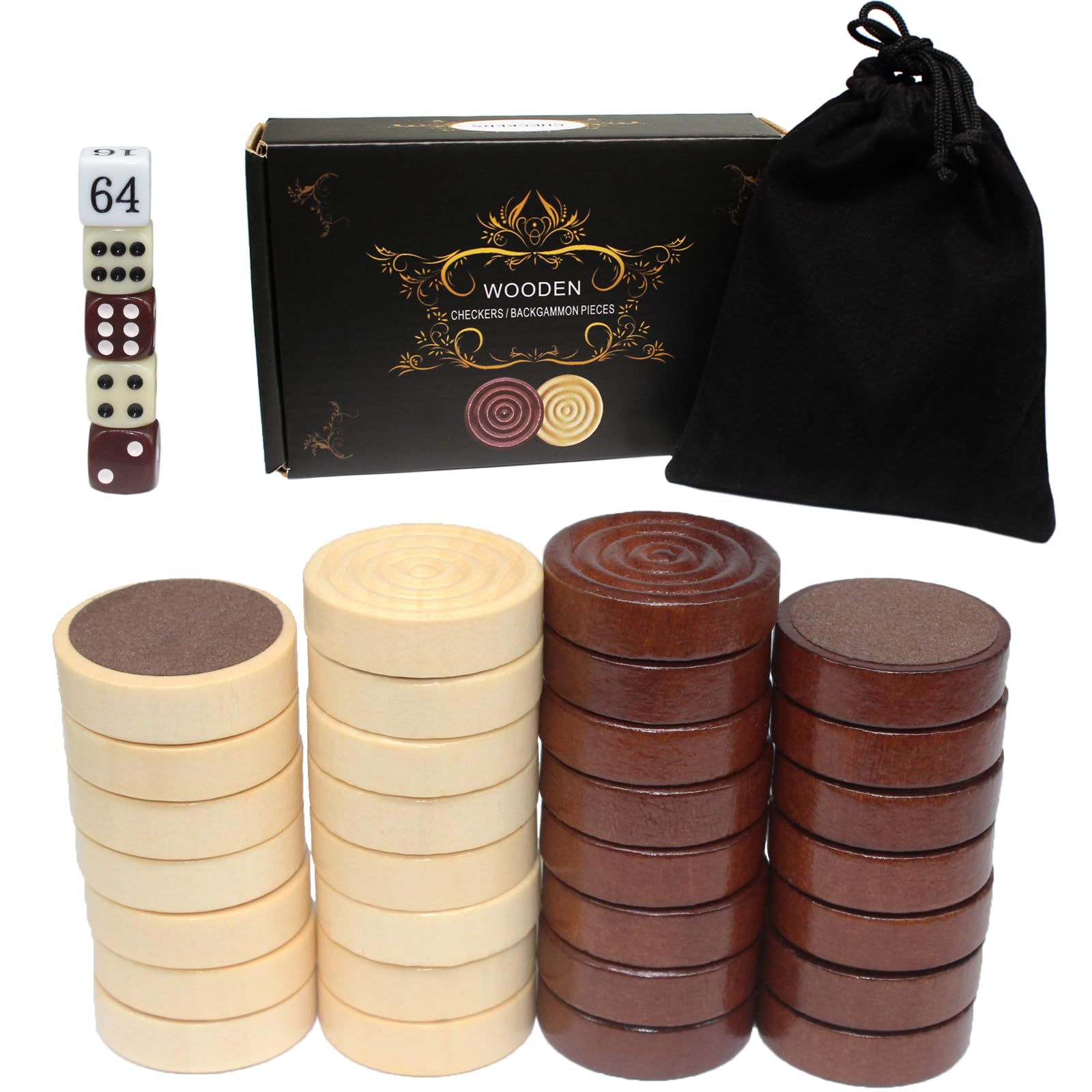 30pc 30mm Wooden Counters with Felt Bases + 5 Dice, for Draughts, Backgammon, Noughts and Crosses, Nine Men's Morris, Board Game Accessories Set