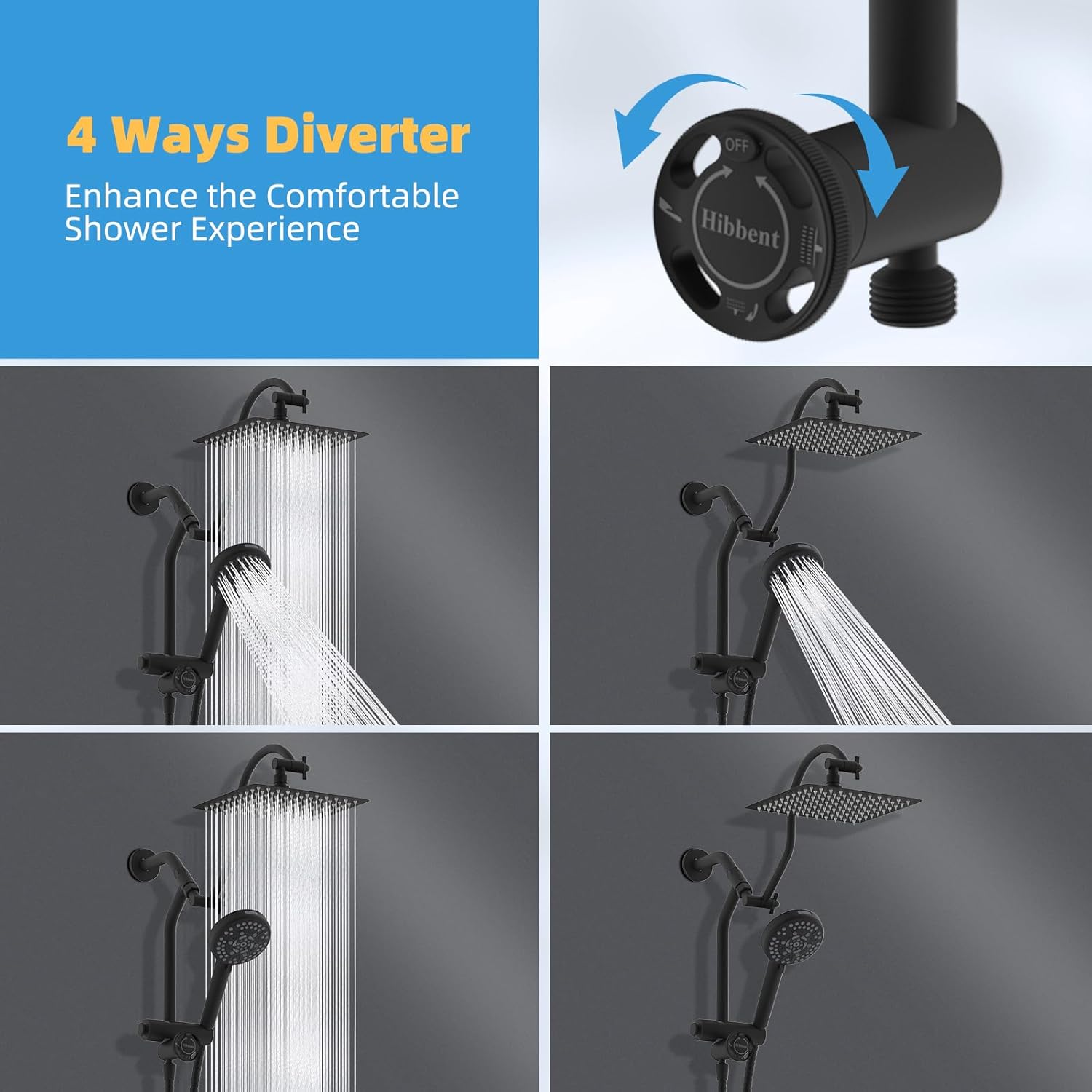 Hibbent All Metal Shower Diverter with Showerhead Holder, Easy Reach 4 Way Diverter with Pause Mode, 13.5" Stainless Steel Slide Bar, 4-Setting Shower Replacement for Handheld & Fixed Shower, Black