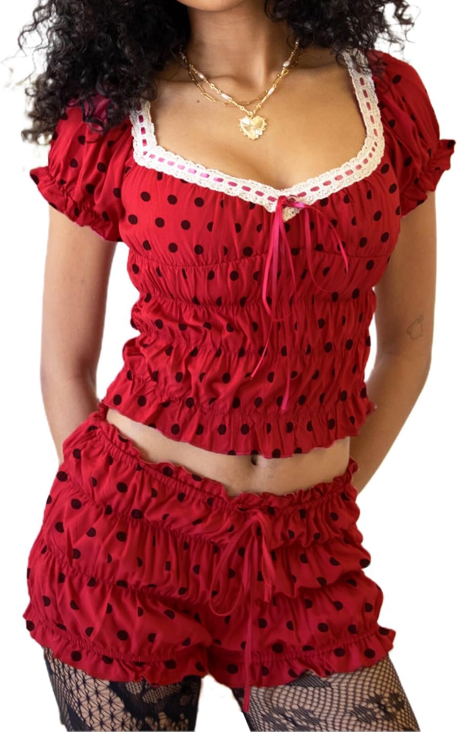 Women 2pcs Ruffle Pajamas Set Solid/Dot Print Smocked V-Neck Lace Trim Short Sleeve Crop Top Shorts Loungewear