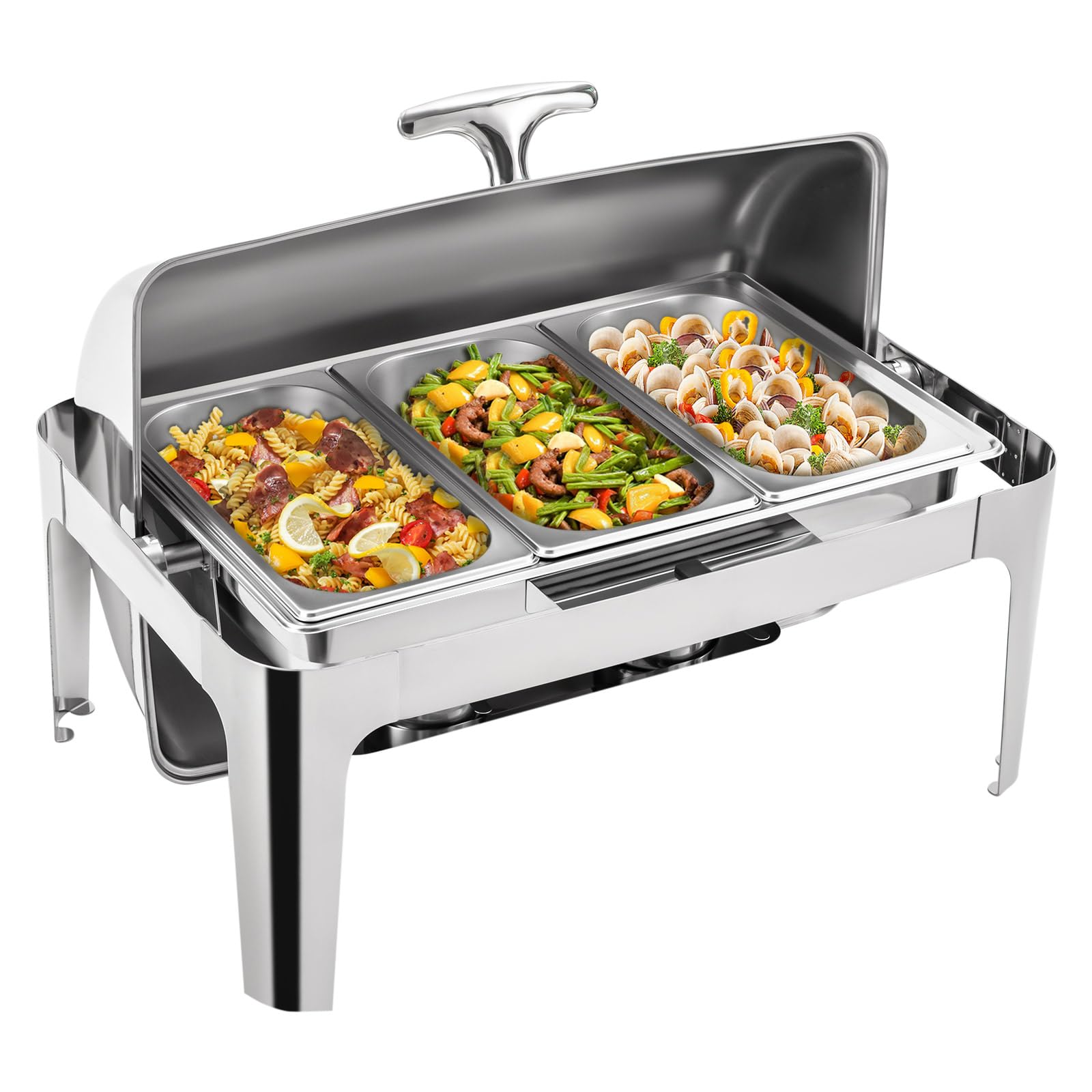 Roll Top Chafing Dish Buffet Set,9.5QT Stainless Steel Rectangular Buffet Set with Food Pan,Catering Food Warmer for Wedding,Parties,Banquet, Catering Events,Graduation (Three-Compartment)