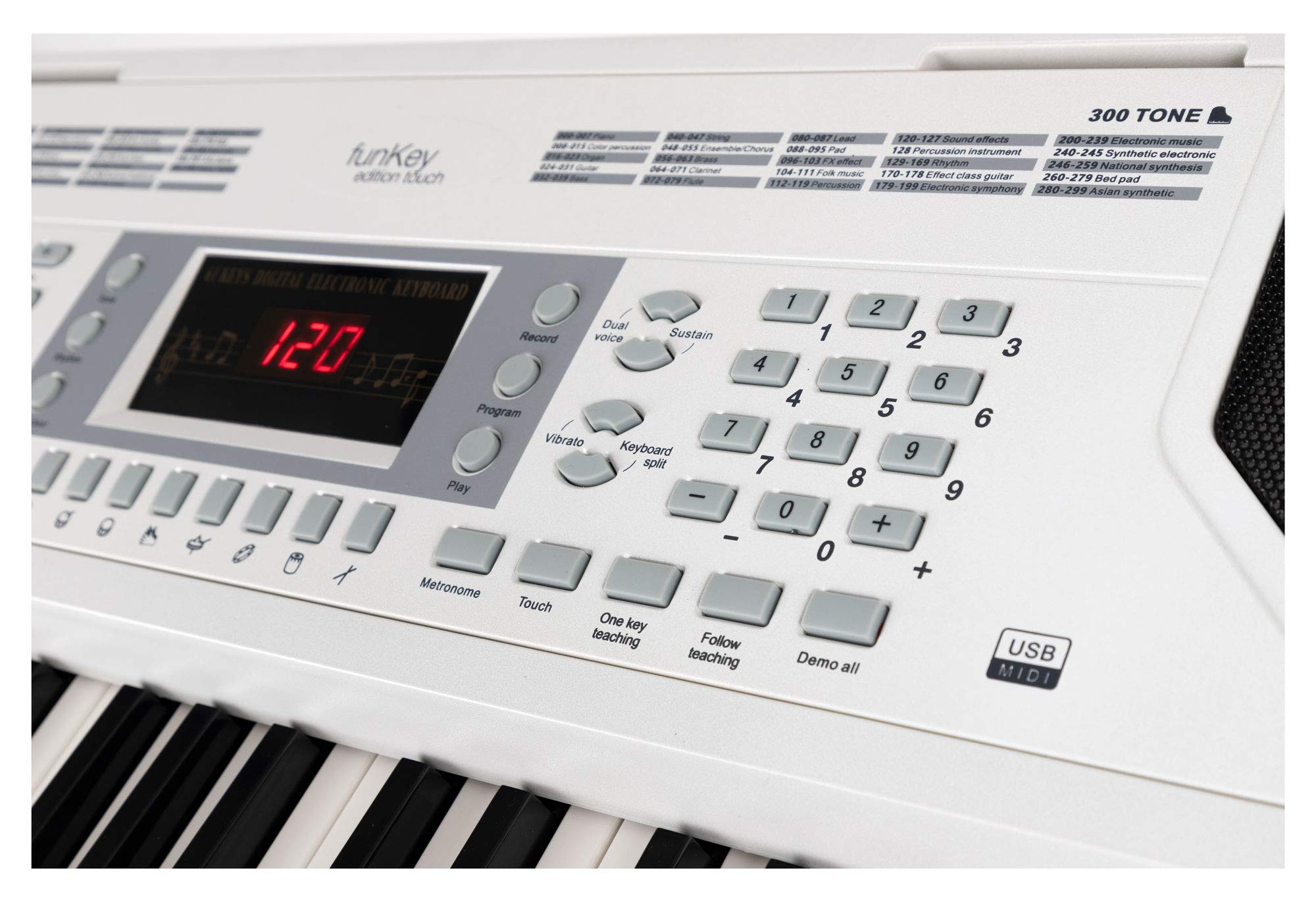 FunKey 61 Edition Touch weiß Set inkl. Keyboardständer + Bank, LC-Display | 61 anschlagsdynamische Standard-Keyboardtasten, 300 Sounds, 300 Rhythmen, 40 Demosongs, 8 Percussion-Pads, Effekte: Sustain