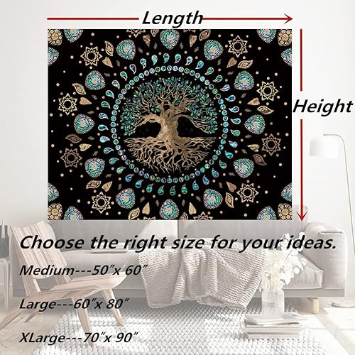 Miniatura 6 de Tapiz de árbol de la vida para dormitorio, tapiz de mandala hippie estético, naturaleza espiritual, tapices de árbol de abulón y dorado, tapiz de