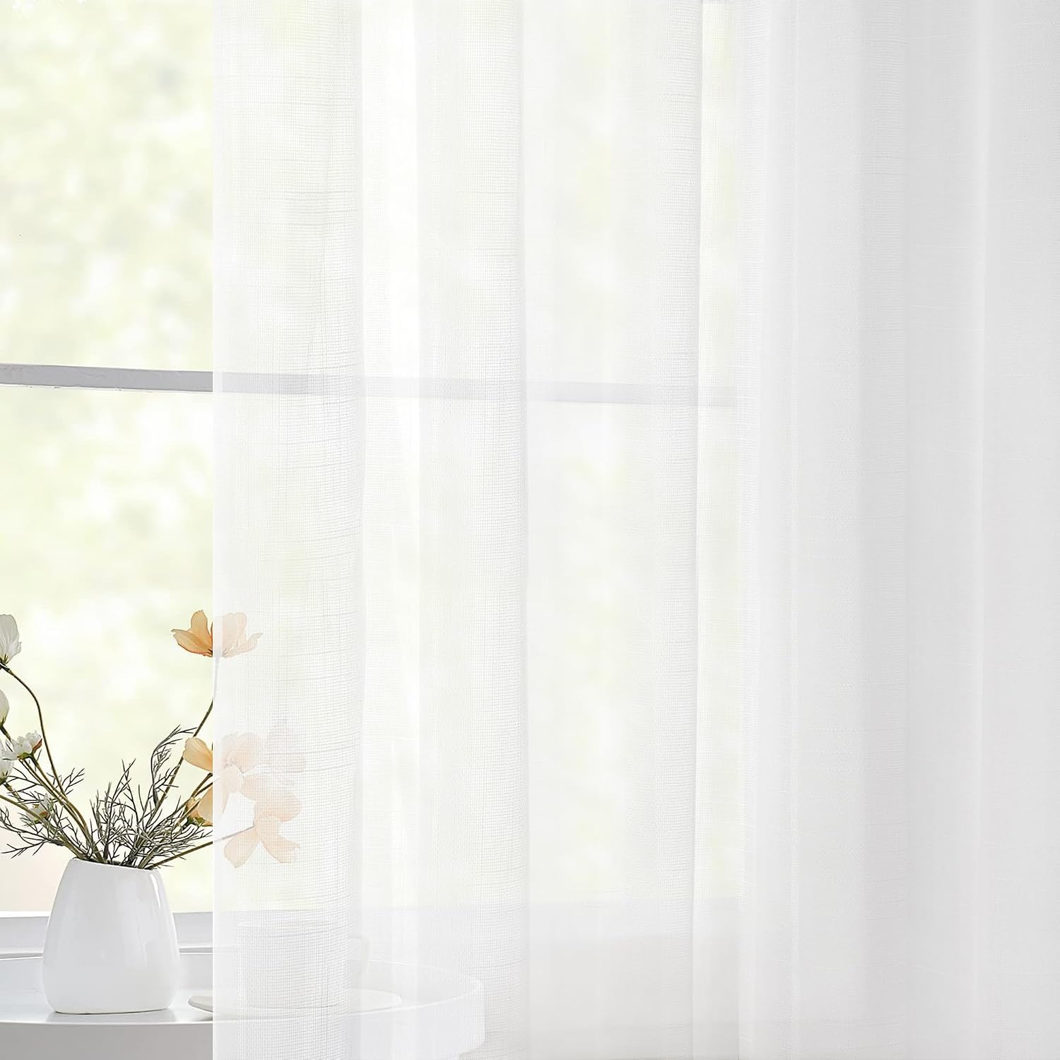 TWOPAGES White Linen Textured Sheer Curtains 90 Inches Long Pinch Pleated Drapes for Living Room Bedroom Faux Linen Curtains with Hooks, 2 Panels, 26" W x 90" L
