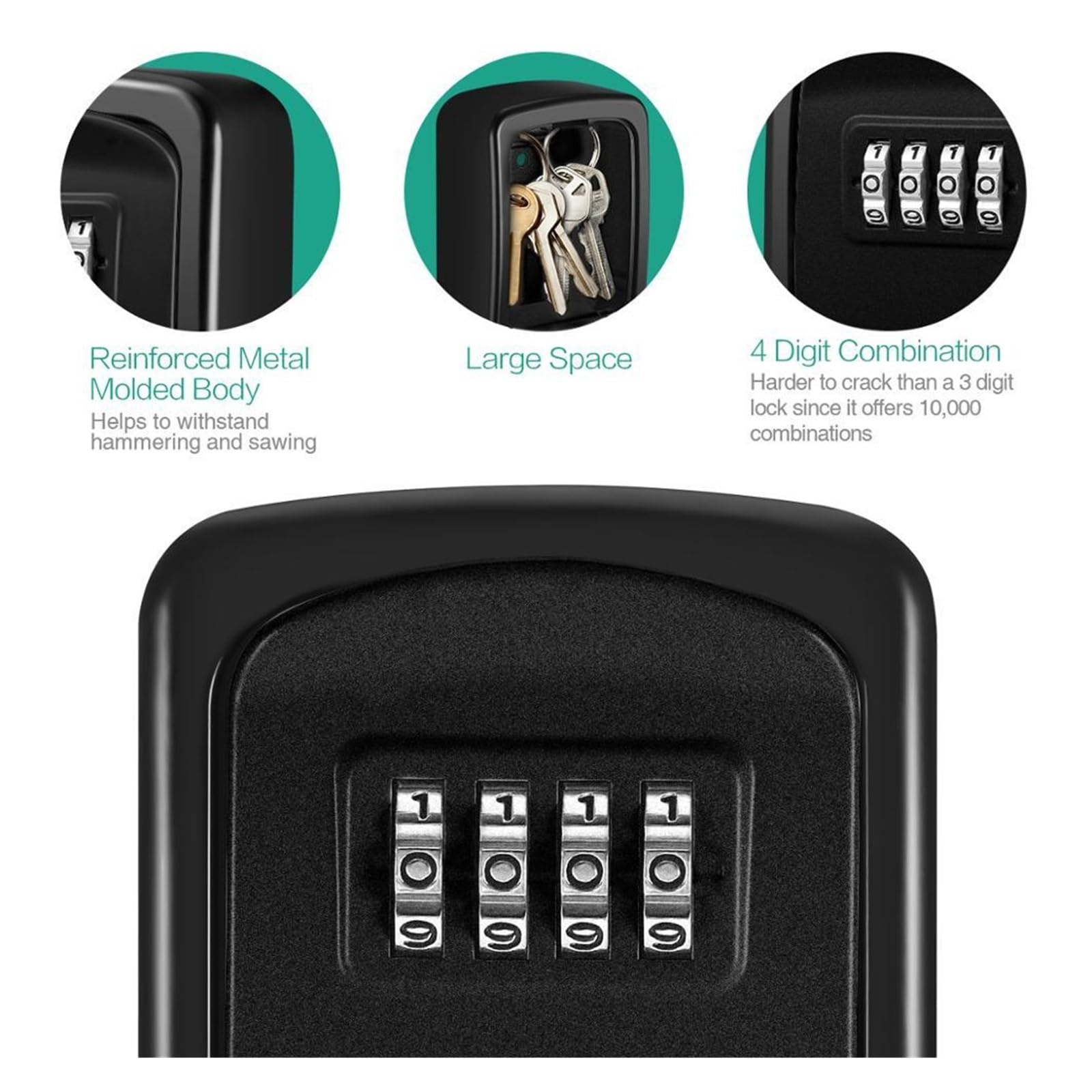 Caja fuerte impermeable para montar en la pared con llave y cerradura secreta para exteriores. Cuenta con código Detive y protección de contraseña, ideal para seguridad del hogar.