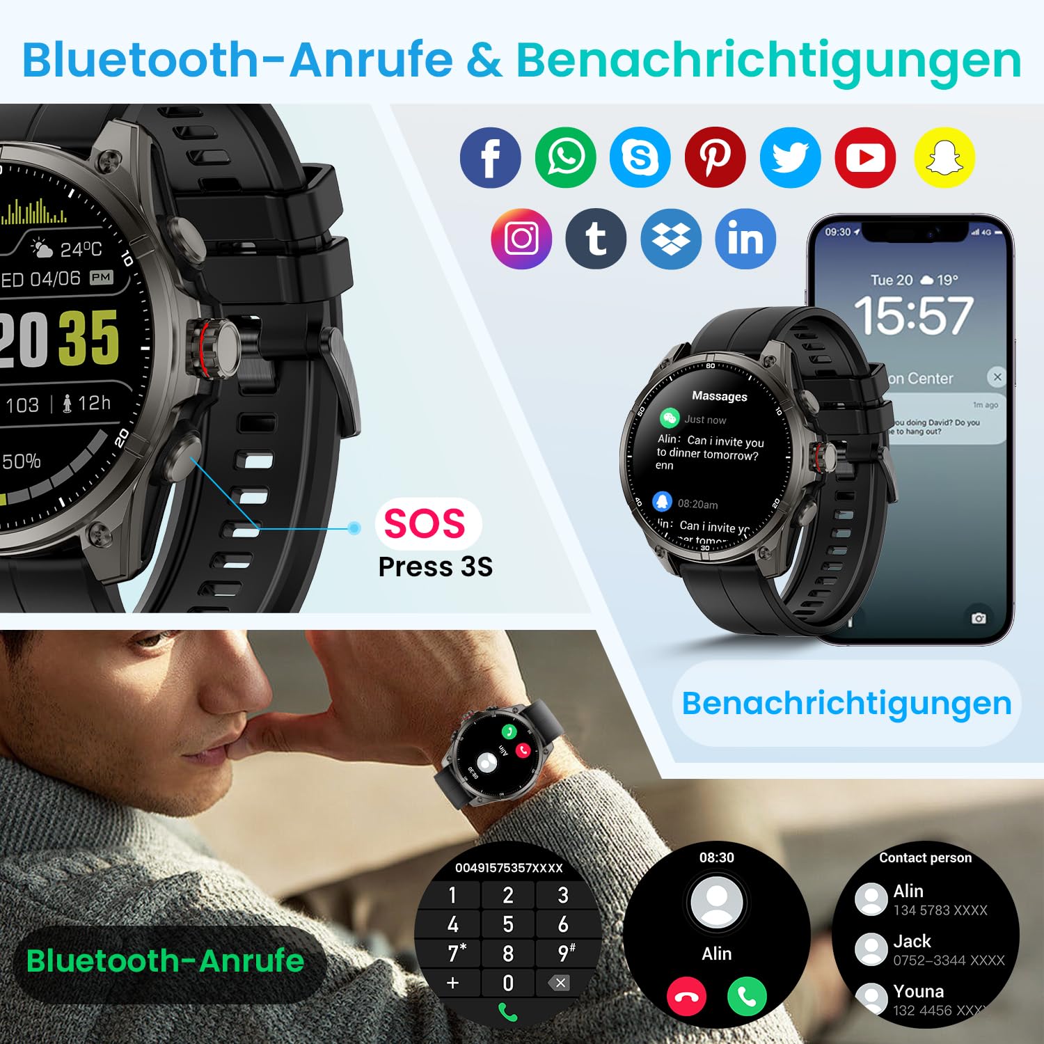 Rogbid Smartwatch dla mężczyzn, GPS, zegarek sportowy, 1,43" HD AMOLED, 5 ATM, wodoszczelny, metalowy, wojskowy smartwatch, tracker aktywności fizycznej z kompasem, krokomierzem, monitorem snu, tętnem