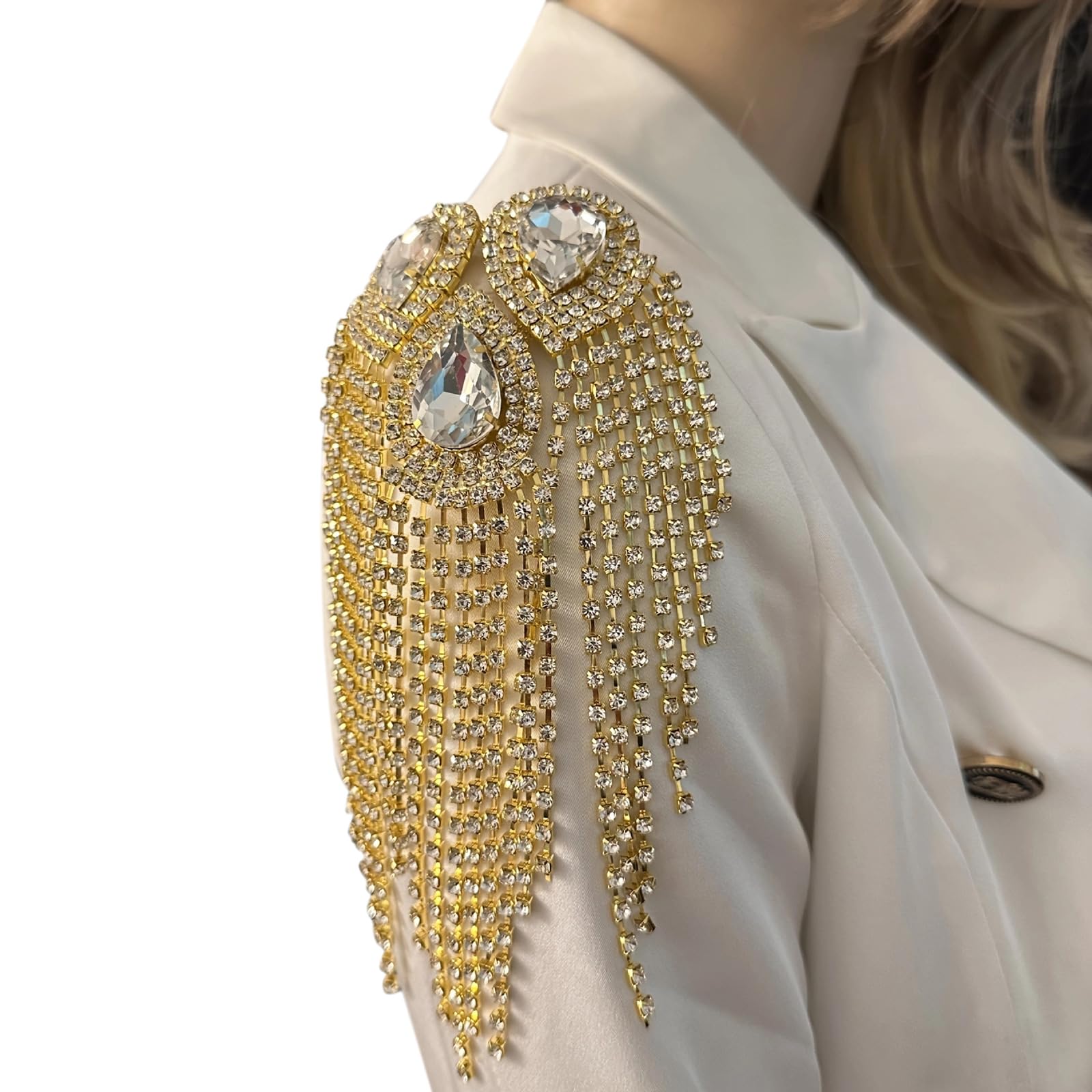 Limtula Metal Tassels Shoulder Epaulet Fringed Rhinestones Epaulettes Uniform Epaulets for Jackets Cosplay Costume Decoration Crystal Shoulder Chain