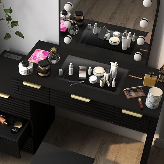 Vanity Table with LED Mirror, 47 Inch Makeup Desk with 125V Outlet & 7 Drawers, Modern Glass Top Vanity with Stool for Bedroom, Black