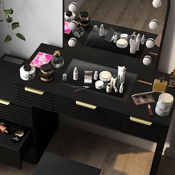 Vanity Table with LED Mirror, 47 Inch Makeup Desk with 125V Outlet & 7 Drawers, Modern Glass Top Vanity with Stool for Bedroom, Black