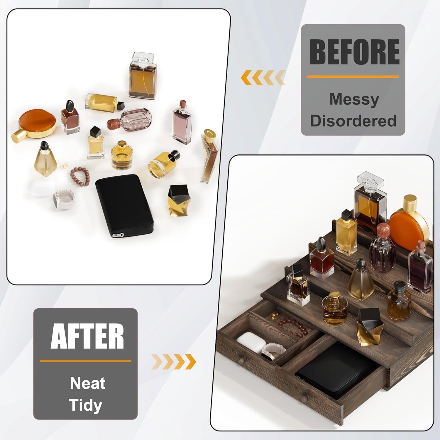 4 Tier Wooden Cologne Organizer with Drawer Storage and Hidden Compartment, Rustic Perfume Display Stand