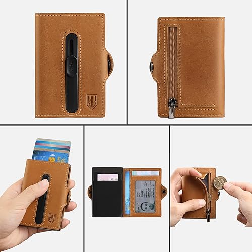 Miniatura 5 de Leaov Cartera delgada de cuero con ventana de identificación, tarjetas emergentes, protección RFID, cartera minimalista para hombres con bolsillo
