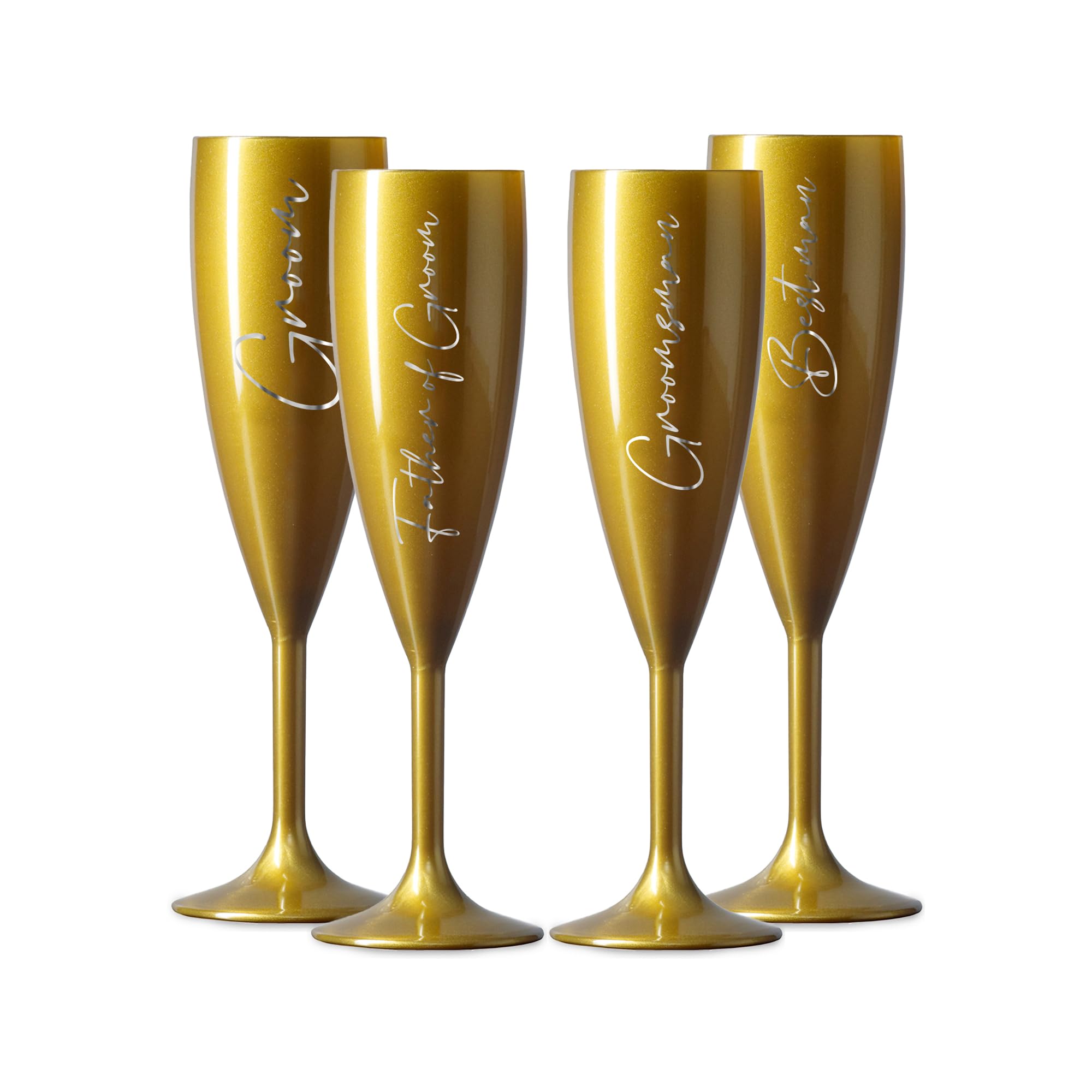 Print Maniacs Champagne Premium Gold Flute Glass Bride Groom Mr Mrs Wedding Maid Honour Wine Cocktail Prosecco Celebrations Gift (Silver, Set of 4 Grooms Set)