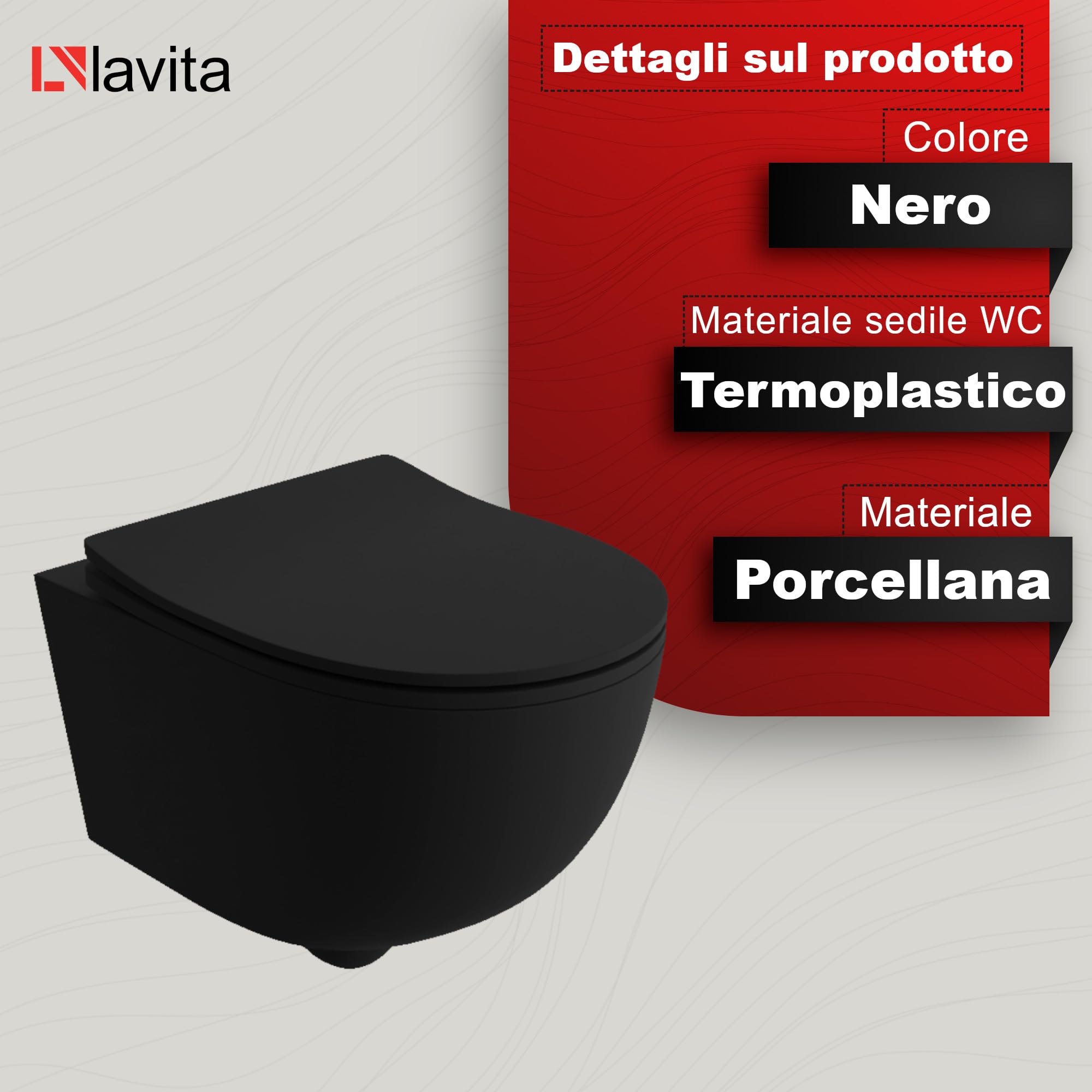 LAVITA WC sospeso Brava Black Sedile WC con chiusura ammortizzata e cerniere in metallo WC senza brida WC sospeso 360x480x375 mm Nero