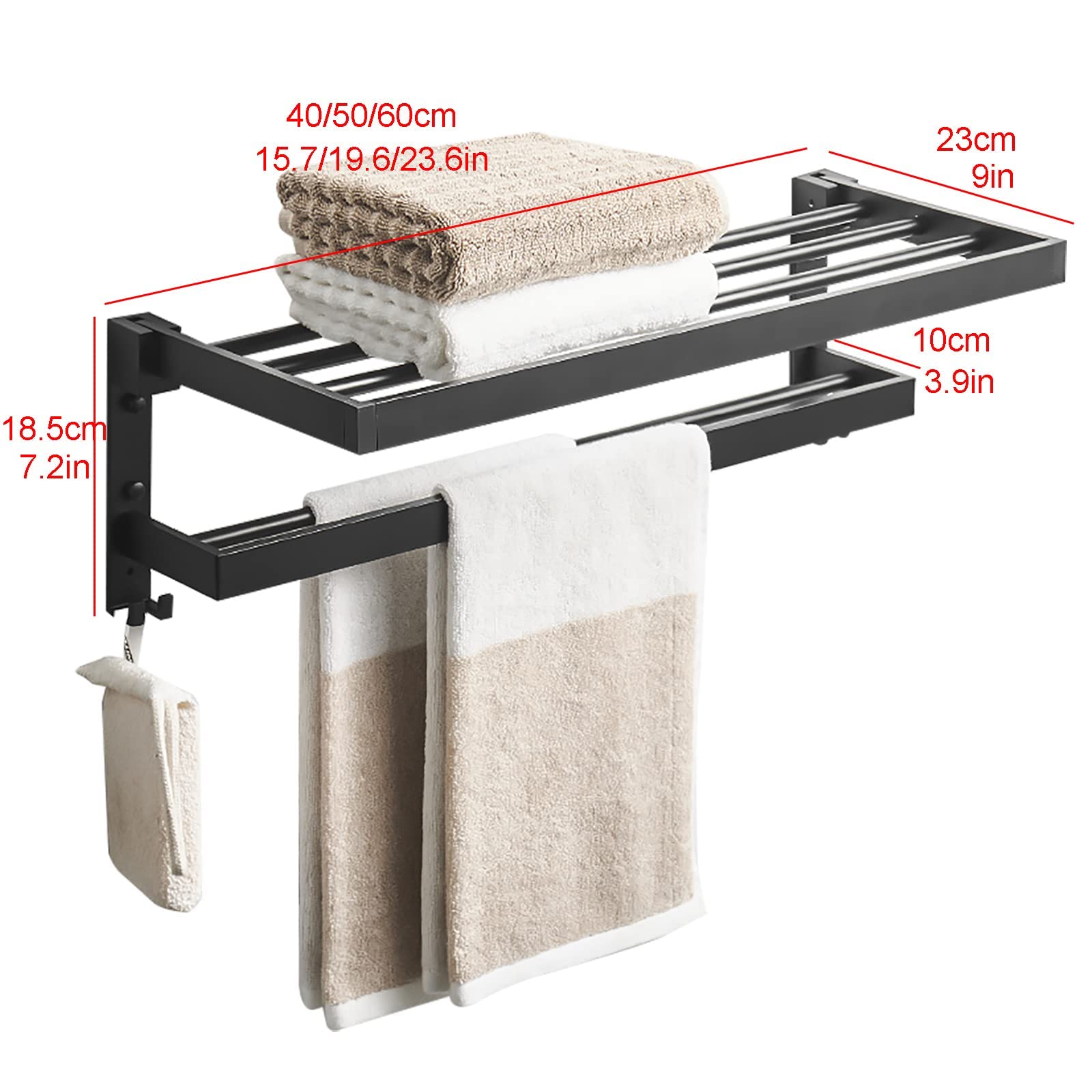 Klappbare Wandhandtuchregal, multifunktionale Aluminiumtuchschiene mit Zwei Handtuchstangen und 4 Befestigungshaken für Badezimmer, Toilette/50 cm die Neue