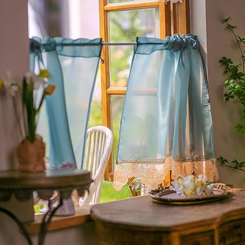 Miniatura 10 de SUTAVIA Juego de 2 cortinas clásicas de encaje rosa para cocina, cortinas de cafetería, cortinas de satén dorado con bolsillo para barra,