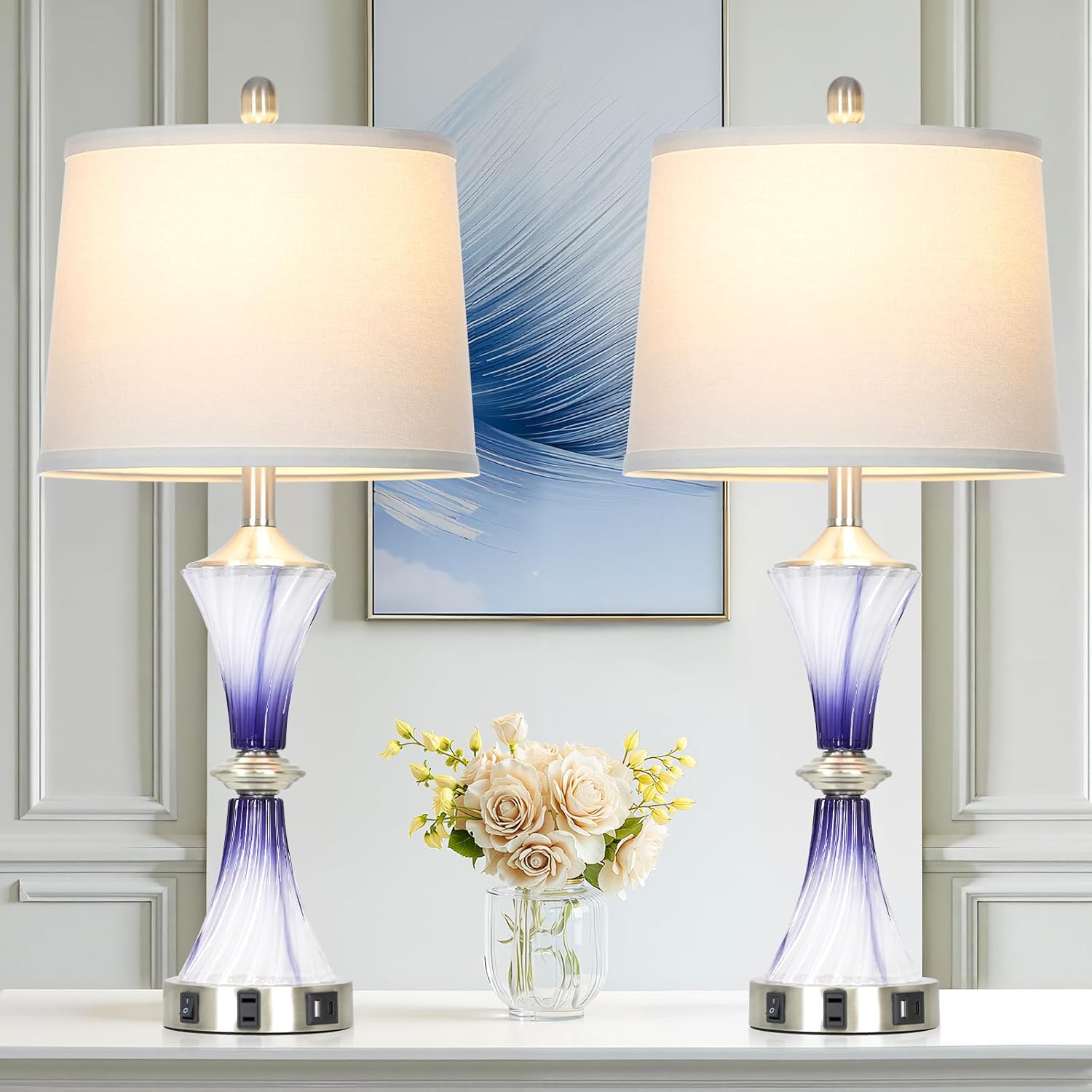 Rinweey Purple Glass Table Lamp Set of 2 with USB C+A Ports & AC Outlet, Bedside Lamp, Modern Bedroom Lamps, Crystal Lamp for Night Stands Bedroom Living Room,Nightstand Lamp LED Bulbs Included