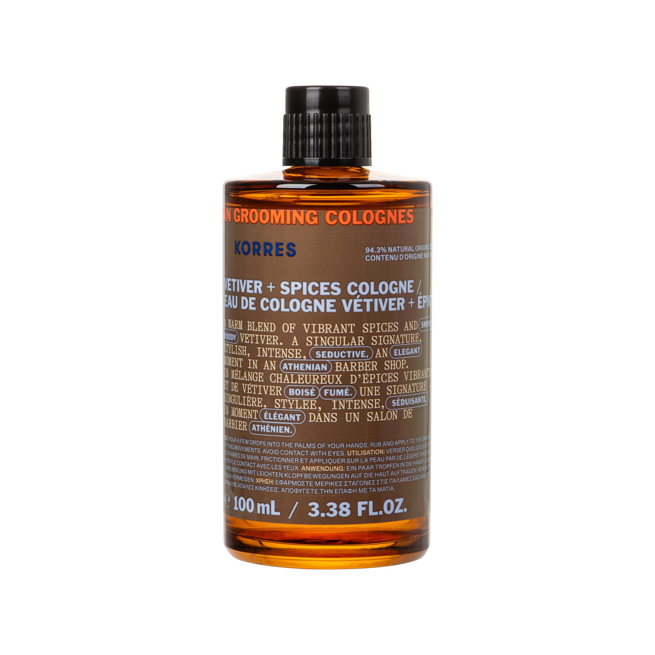 KORRES ATHENIAN GROOMING Eau de Cologne with Vetiver & Spicy Notes, Warm & Woody Fragrance for Men, Silicone & Paraben-Free, Vegan, 100 ml