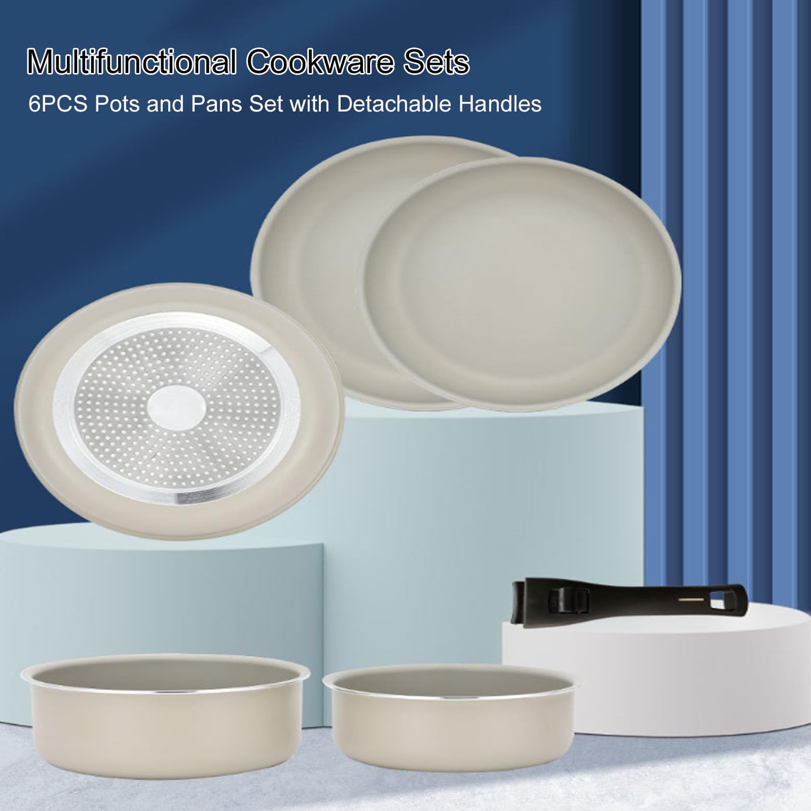 Set di pentole e padelle antiaderenti, Set di pentole da cucina da 6 pezzi, Set di padelle e casseruole con manici staccabili, Set di pentole impilabili, adatto a Tutti i piani cottura