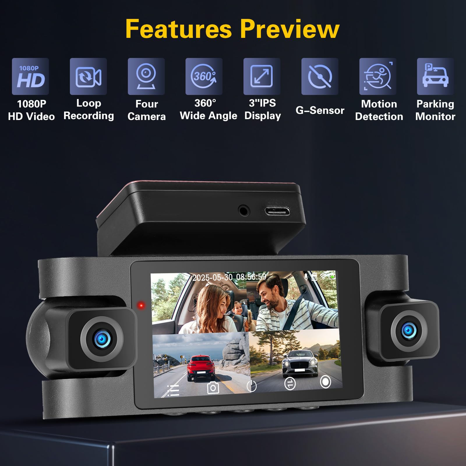 Hikity 2K WiFi Dashcam 4 Dashcam con Pantalla IPS G-Sensor Tarjeta TF 64G | IPS Dashcam con Coche Control APP Ángulo 360° Modo Aparcamiento 24H Grabación Continua Cámara de Coche Visión Nocturna