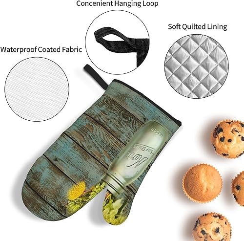 Miniatura 5 de Juego de 4 guantes de horno y soportes para ollas, tarro de masón, diseño floral de granero, estampado de campo occidental, guantes de cocina