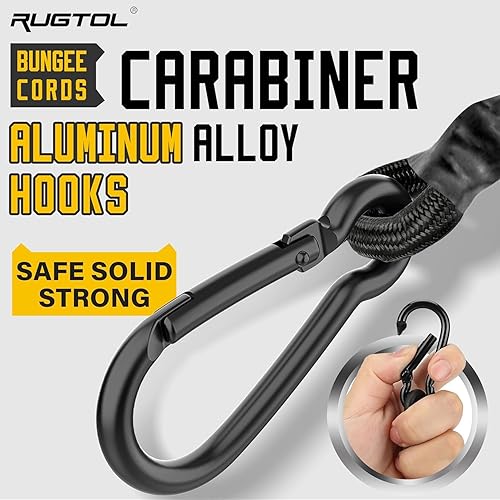 Miniatura 4 de Cuerdas elásticas con ganchos, cuerdas elásticas resistentes de 18 pulgadas de largo con mosquetón al aire libre, cuerda elástica extra fuerte negra