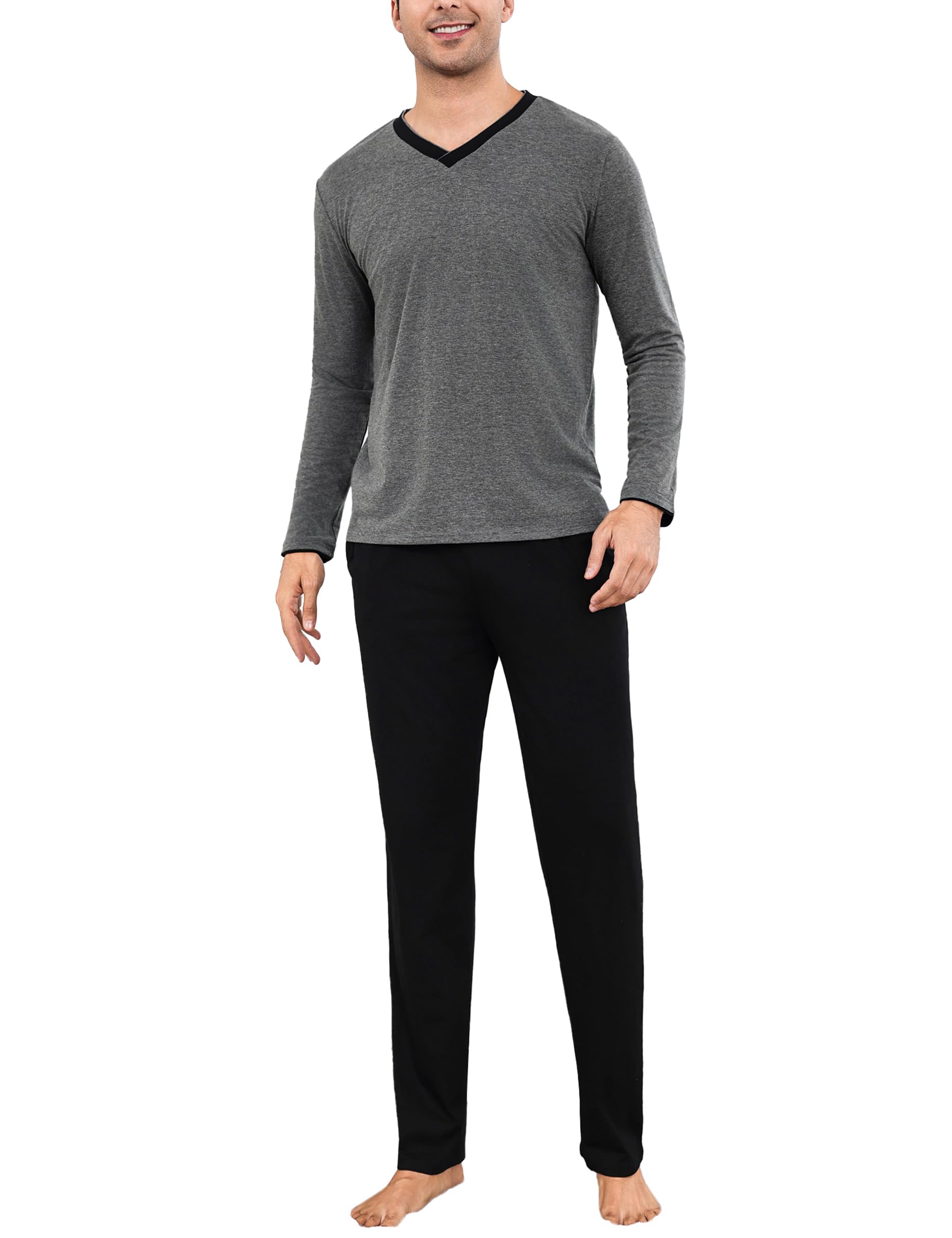 Bresdk Schlafanzug Herren Pyjama Set Lang Baumwolle mit Bündchen Knöpfen Nachtwäsche für Männer