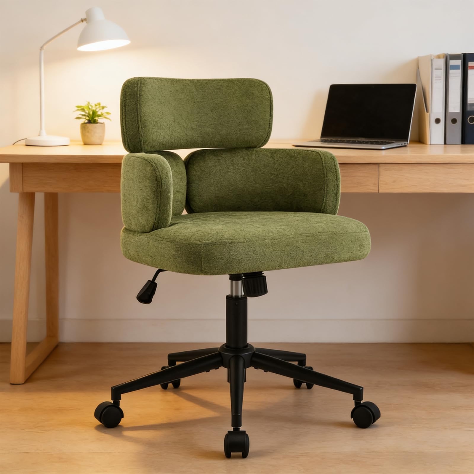 Modern Upholstered Office Chair with Wheels Adjustable Height Swivel Desk Chair with Arms Comfy Fabric Task Chair for