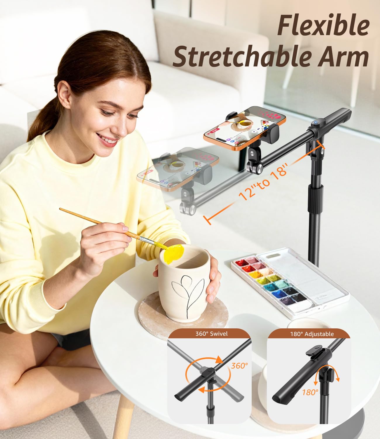 Supporto per telefono per registrazione video, supporto da pavimento resistente, braccio regolabile a 360° con base ponderata per cucinare, artigianato, disegno, streaming live, compatibile con iPhone