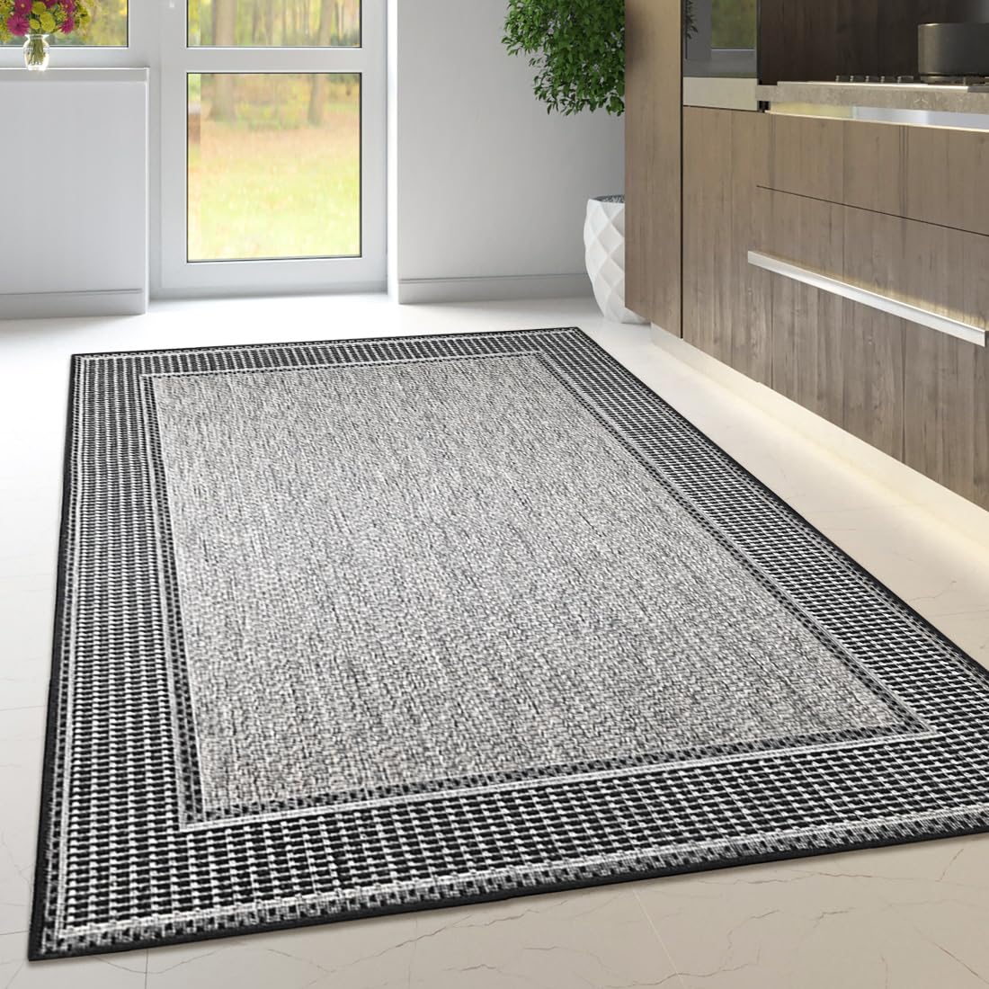 Viva Rugs Non Slip Rug Kitchen Living Room Fat Weave Check Carpet Small Large Runner Mat (120x160cm - 4'x5'3" ft, Grey Black Border) — image 1