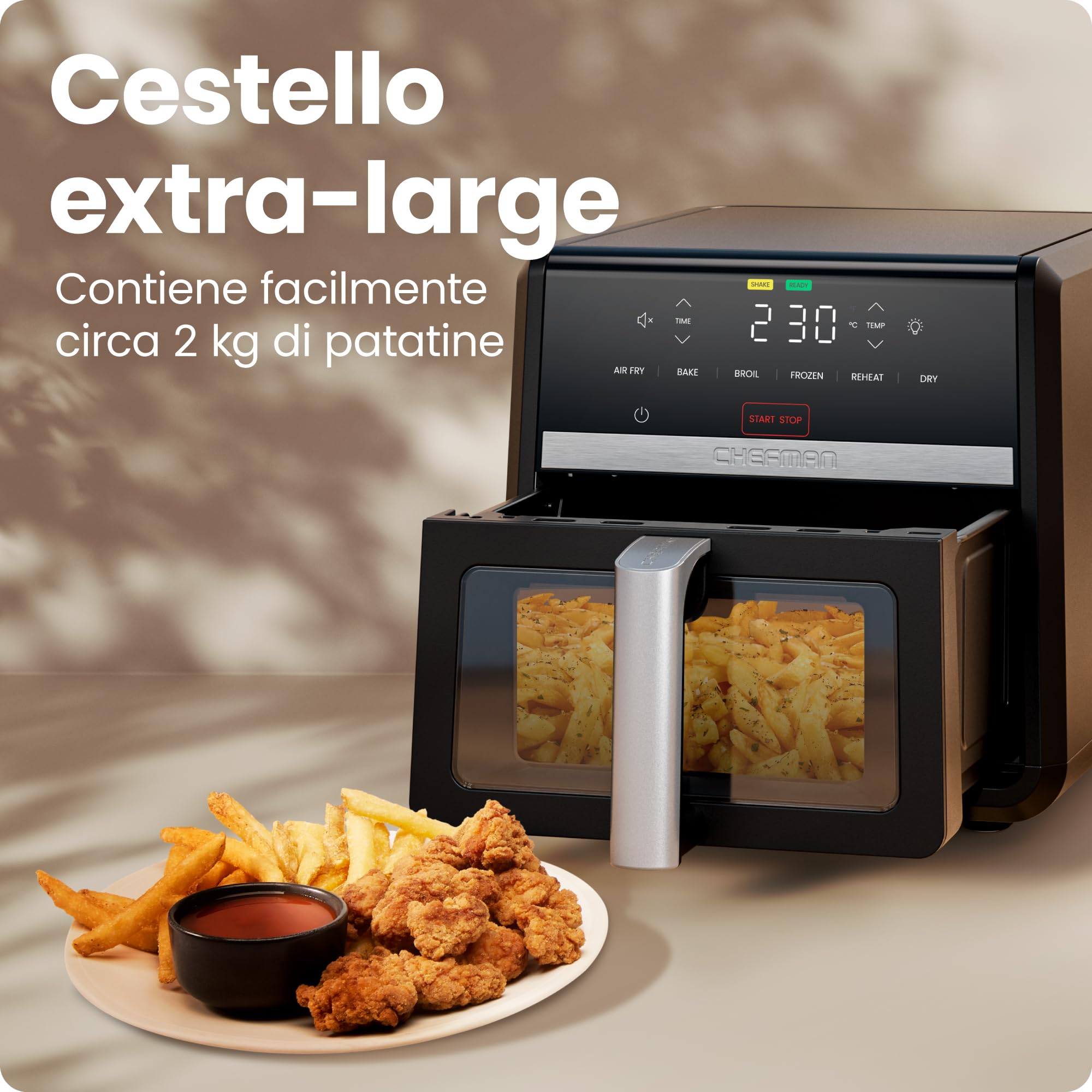 Chefman Friggitrice ad Aria TurboFry 8,5L, 6-in-1, 230°C, Cestello XL | Frittura ad aria, infornare, grigliare, riscaldare, disidratare, scongelare, finestra, Nera