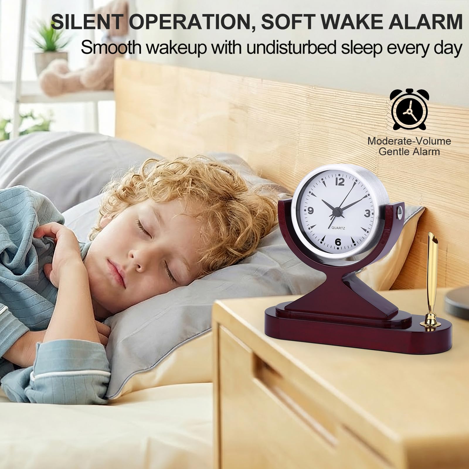 CIGERA Wooden Desk Alarm Clock Battery Operated, Silent Non-Ticking, Adjustable Angle & Pencil Holder | Office, Shelf, Table Decor | Gift for Students, Teachers, Professionals (Home, Desk, Work)