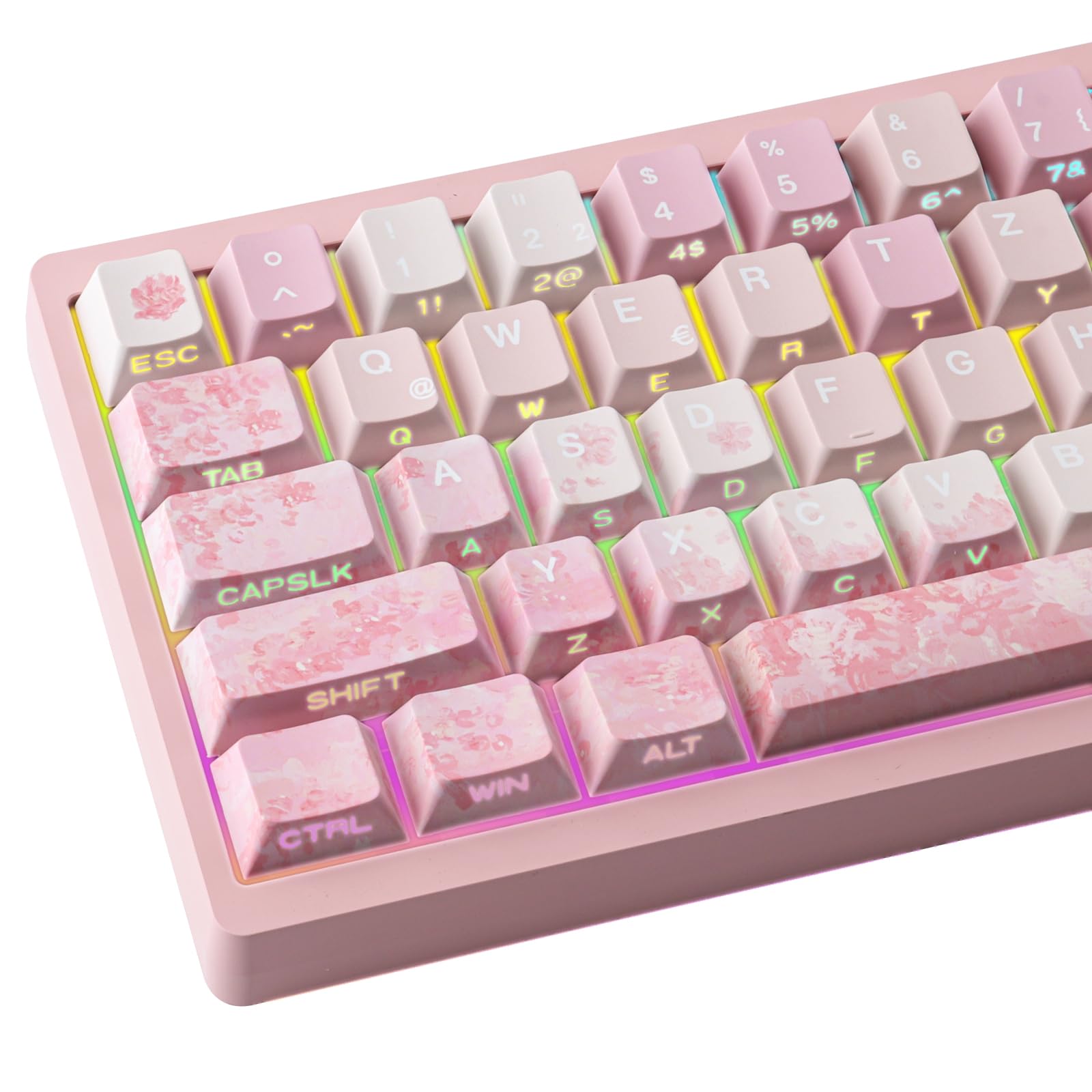 Keycaps Lot de 133 touches en PBT allemands Double Shot Rose Cherry Blossom Dye-Sub Cherry Profile Side Printed Shine Through Keycaps for Cherry MX Switch ISO QWERTZ Layout Clavier mécanique
