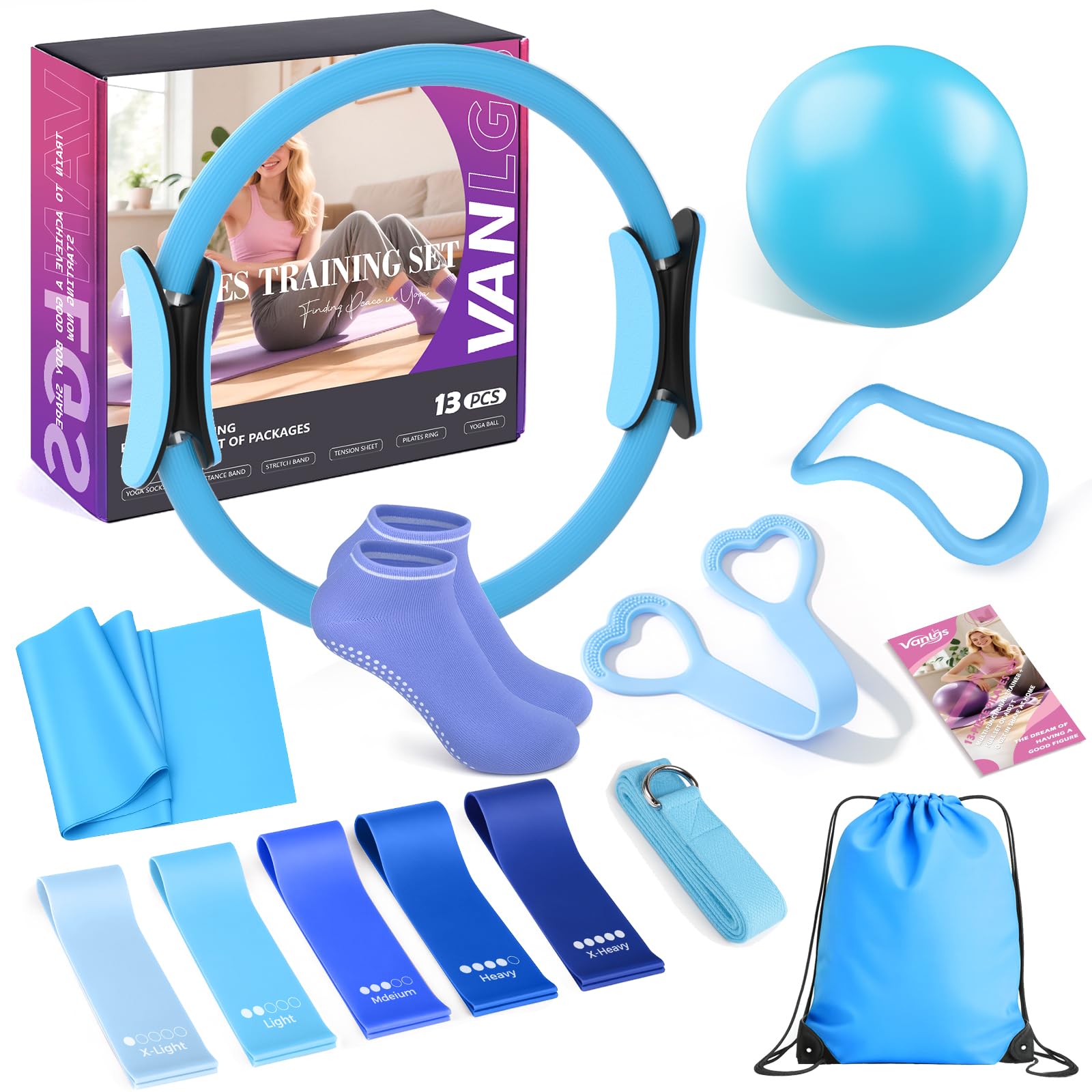Vanlgs Pilates Kit 13Pcs Home Pilates Essentials Workout Kit with 13" Ring, 10" Ball and Resistance Bands for Women at Home Pilates Equipment Set for Beginners(Blue and White)