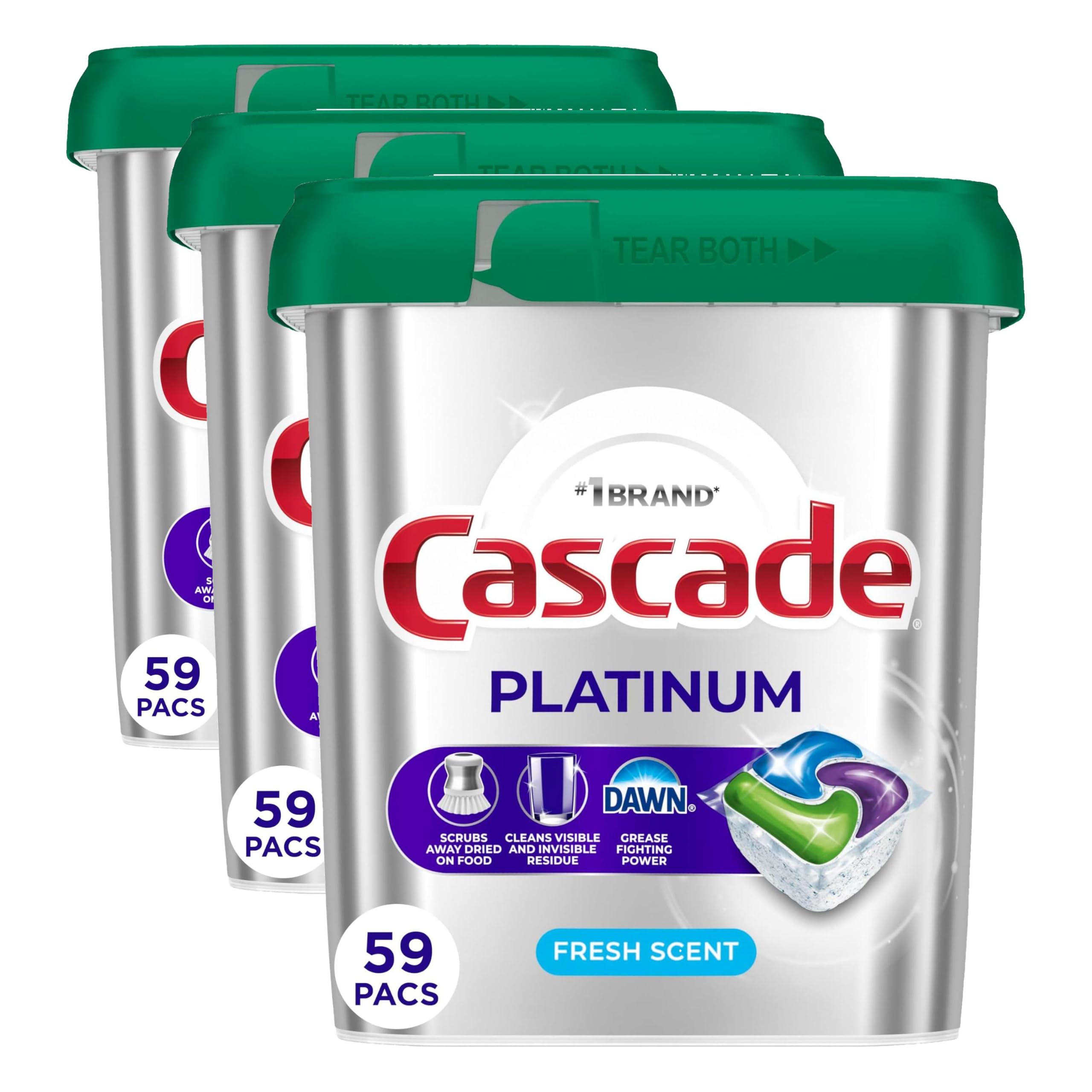 Cascade Platinum Dishwasher Pods, Dishwasher Detergent, Dish Detergent Soap, Fresh, 59 Count (Pack of 3)