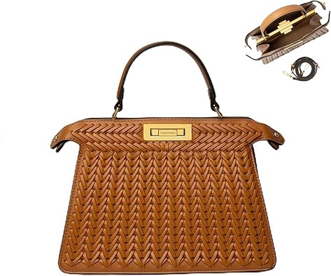 Woven Faux Leather Shoulder Bag for Women - Genuine Faux Leather Top Handle Purse with Adjustable Crossbody Strap - Elegant Woven Satchel Handbag for Work, Travel & Daily Use - Brown
