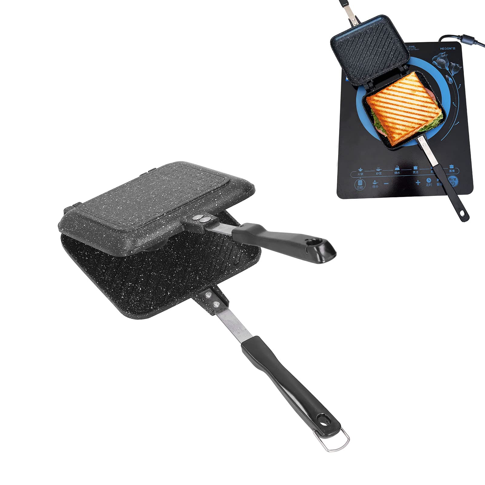 Doppelseitiger Sandwichtoaster, 34.5 cm Aluminium Sandwich Toaster | mit Antihaft und Hitzebeständigen Griffe für Grill und Gas, Frühstück, Camping und Outdoor