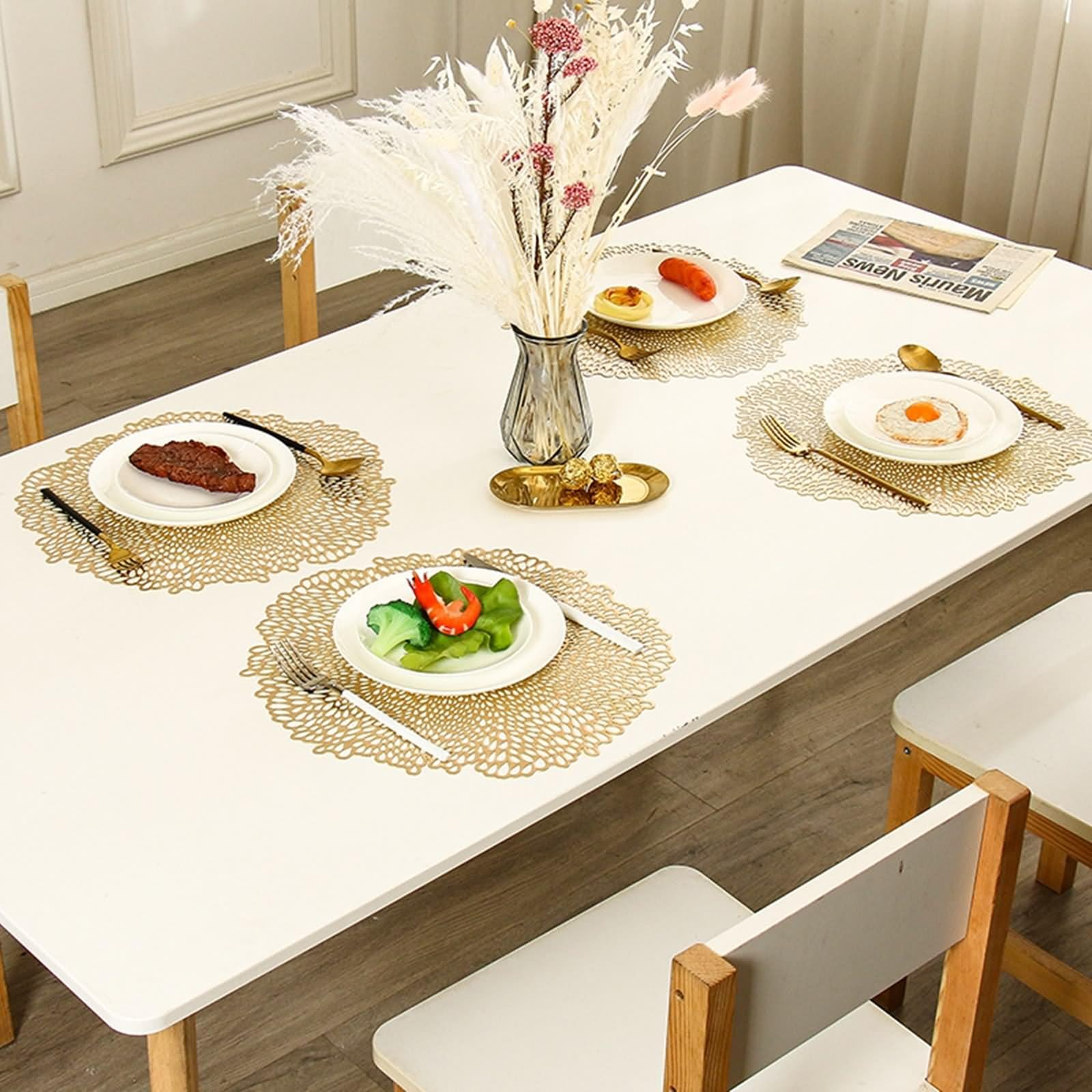 Juego de 10 manteles individuales dorados de 38 cm, diseño de flores huecas, PVC, para casa, cocina, hotel y restaurante
