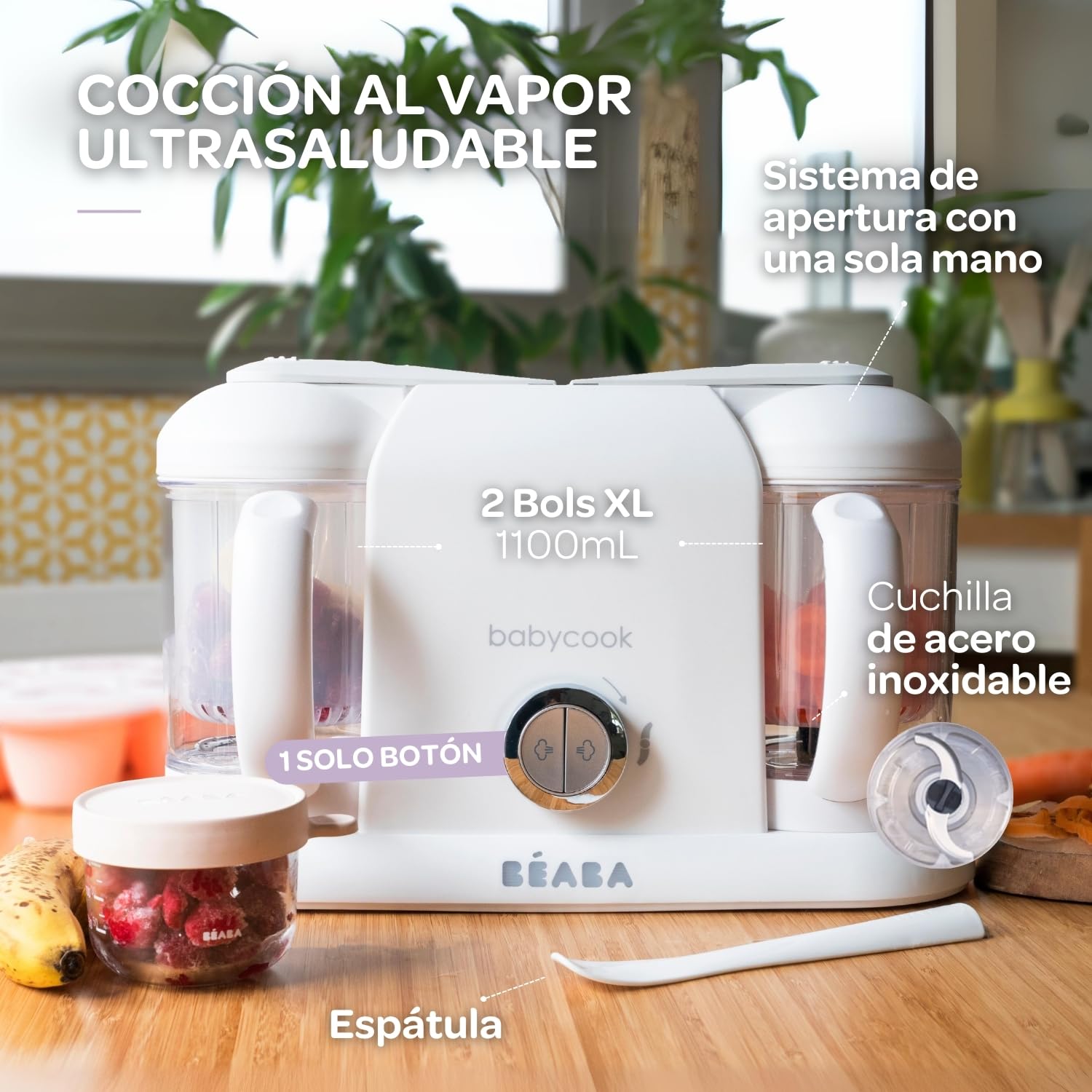BÉABA Babycook Duo, Robot de cocina infantil 4 en 1, Tritura, cocina y cuece al vapor, Rápido en 15 minutos, Comida casera para bebés y niños, Capacidad XXL, 2 x 200 ml, Blanco/Plato