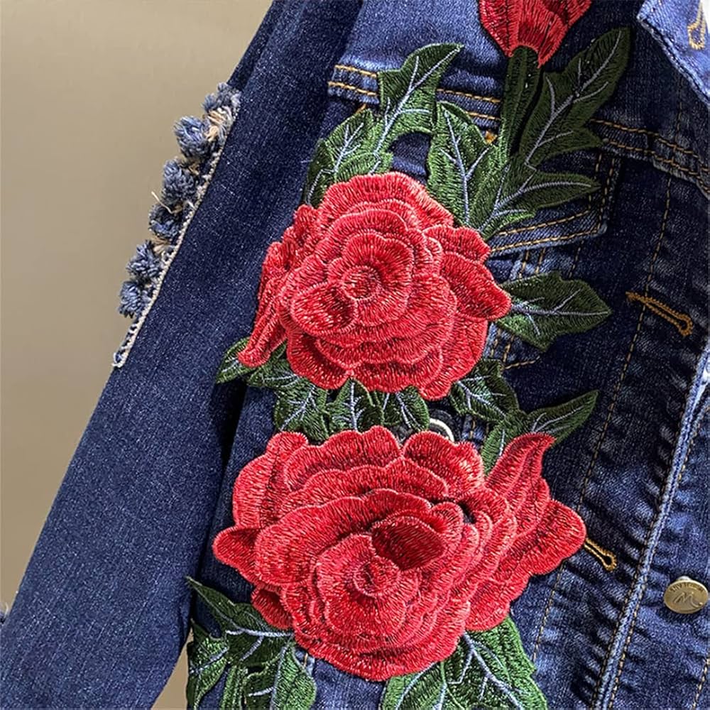 Ameri【新品未使用タグ付き✨】ROSE EMBROIDERY JACKET Amazon.com: Women's Embroidery Red Rose Short Denim Jacket