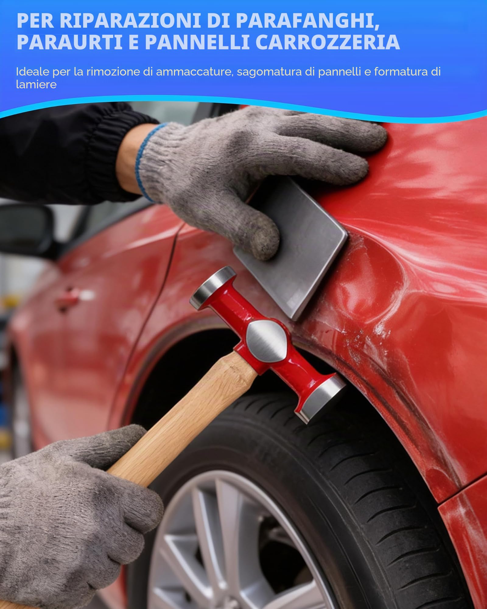 DAYUAN Set di attrezzi per riparazione auto, 9 pezzi, kit di riparazione per parafanghi | 4 martelli e 5 carrelli, forgiati per la resistenza, per riparare parafanghi, paraurti e ammaccature, custodia blu