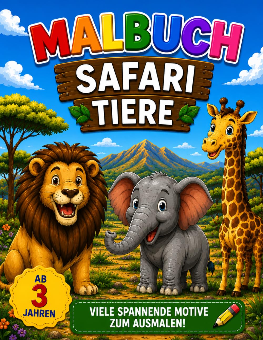 Safari Tiere Malbuch für Kinder ab 3 Jahren: Große und einfache Ausmalbilder mit süßen Safari-Tieren – Perfekt für kleine Kinder | Löwe, Elefant, Zebra, Giraffe und viele mehr