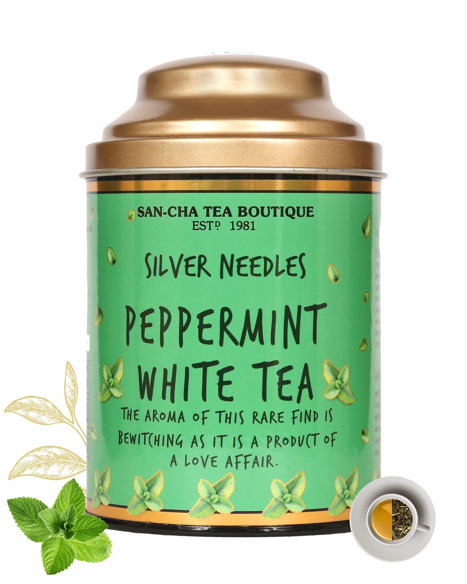 Sancha Tea Boutique, Peppermint White Tea, 75g Loose Leaves, Pure Buds, Silver Needles, Supports a Calm Focus, Low Caffeine