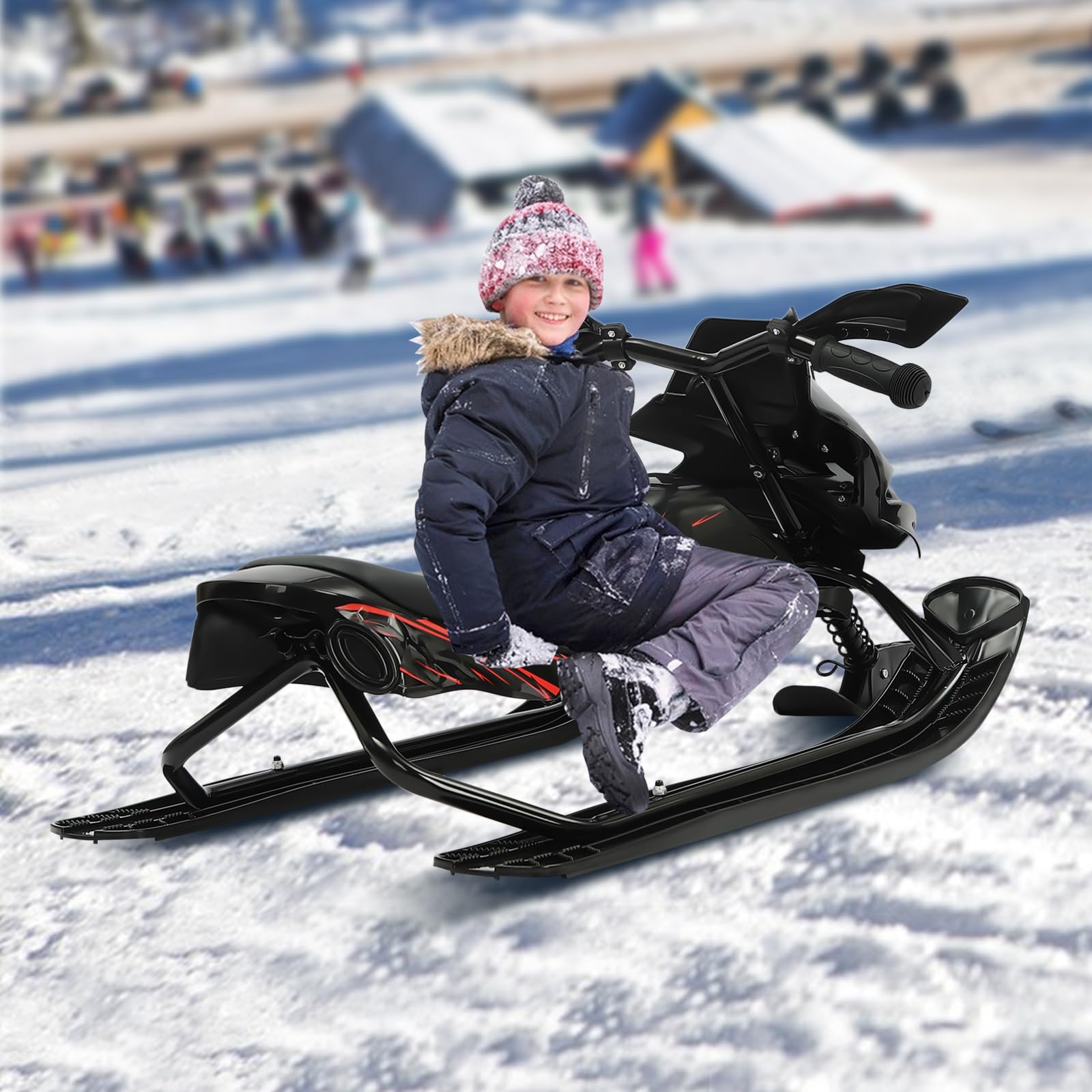 Luge de direction avec freins à pied pour enfants, avec corde de traction automatique et amortisseur pour enfants et adultes, charge maximale 80 kg, luge à patins Skibob avec siège rembourré