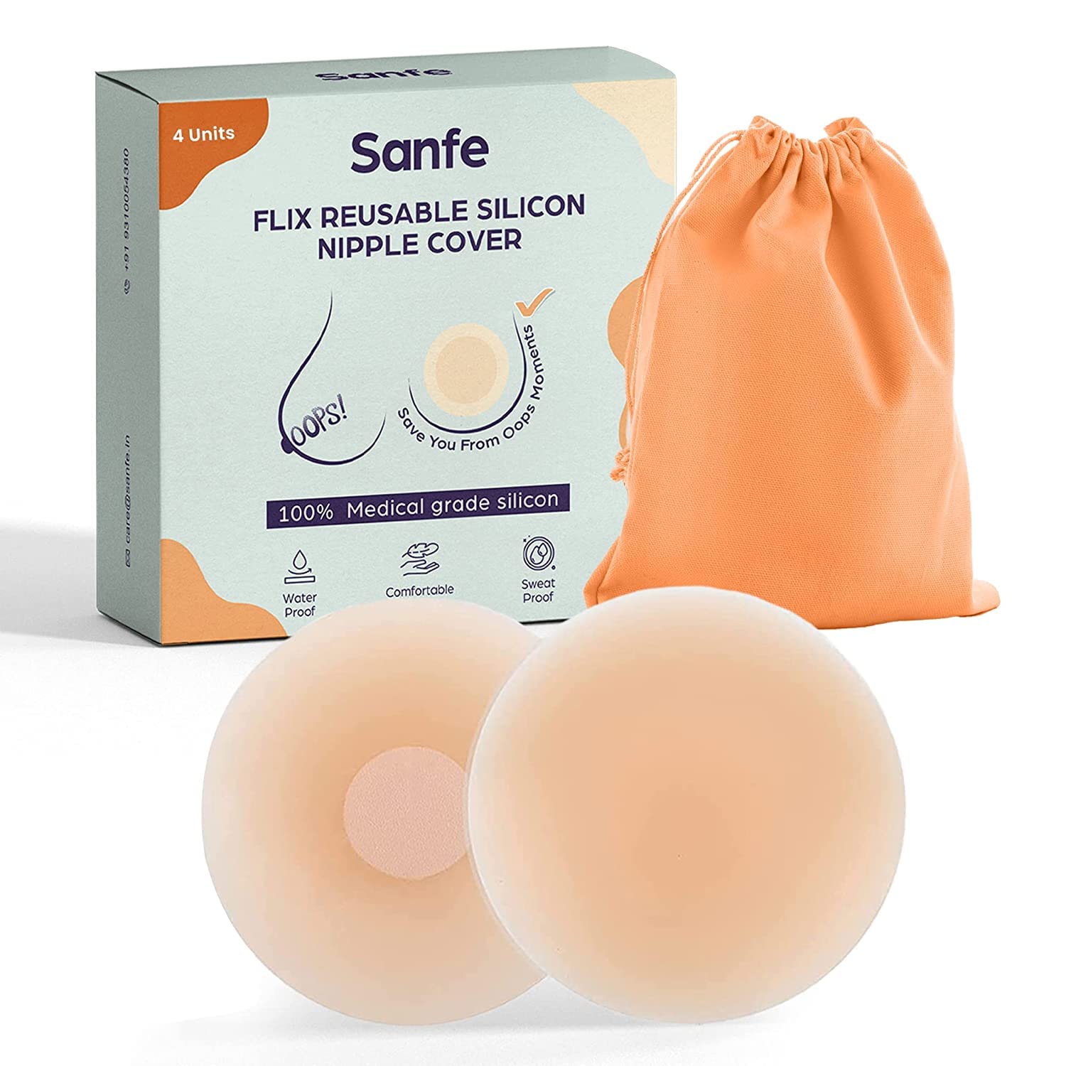 Sanfe Flix Reusable Silicone Nipple Cover - 4 Pieces | 10 Times Reusable | Skin-Friendly Adhesive Pasties for Women | Nipple Pasties for Women